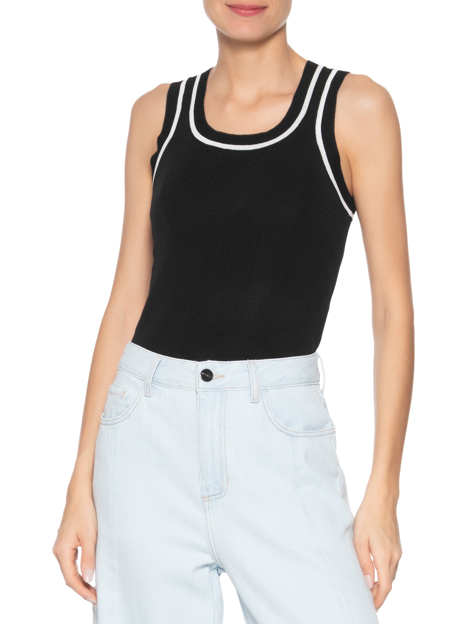 Regata Feminina Tricot Bicolor Preto Basiq