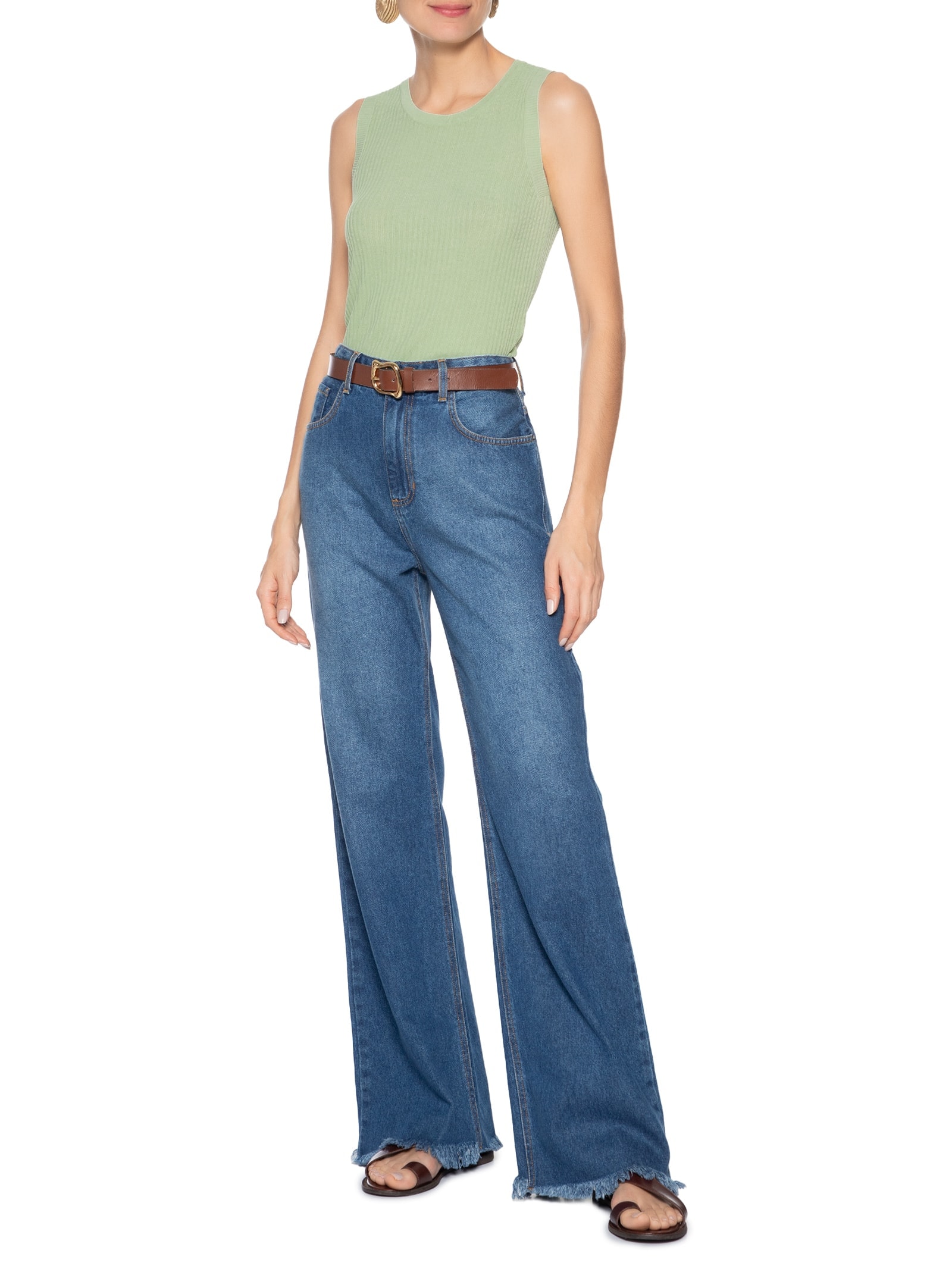 Regata Feminina Tricot Canelada Verde Basiq