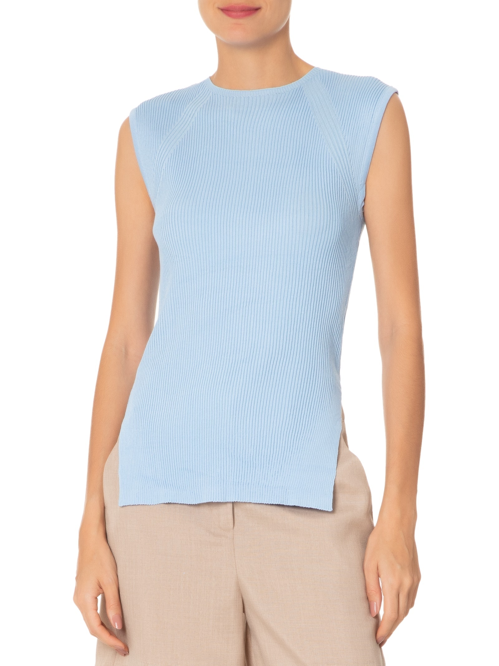 Regata Feminina Tricot Com Fenda Lateral Azul Basiq