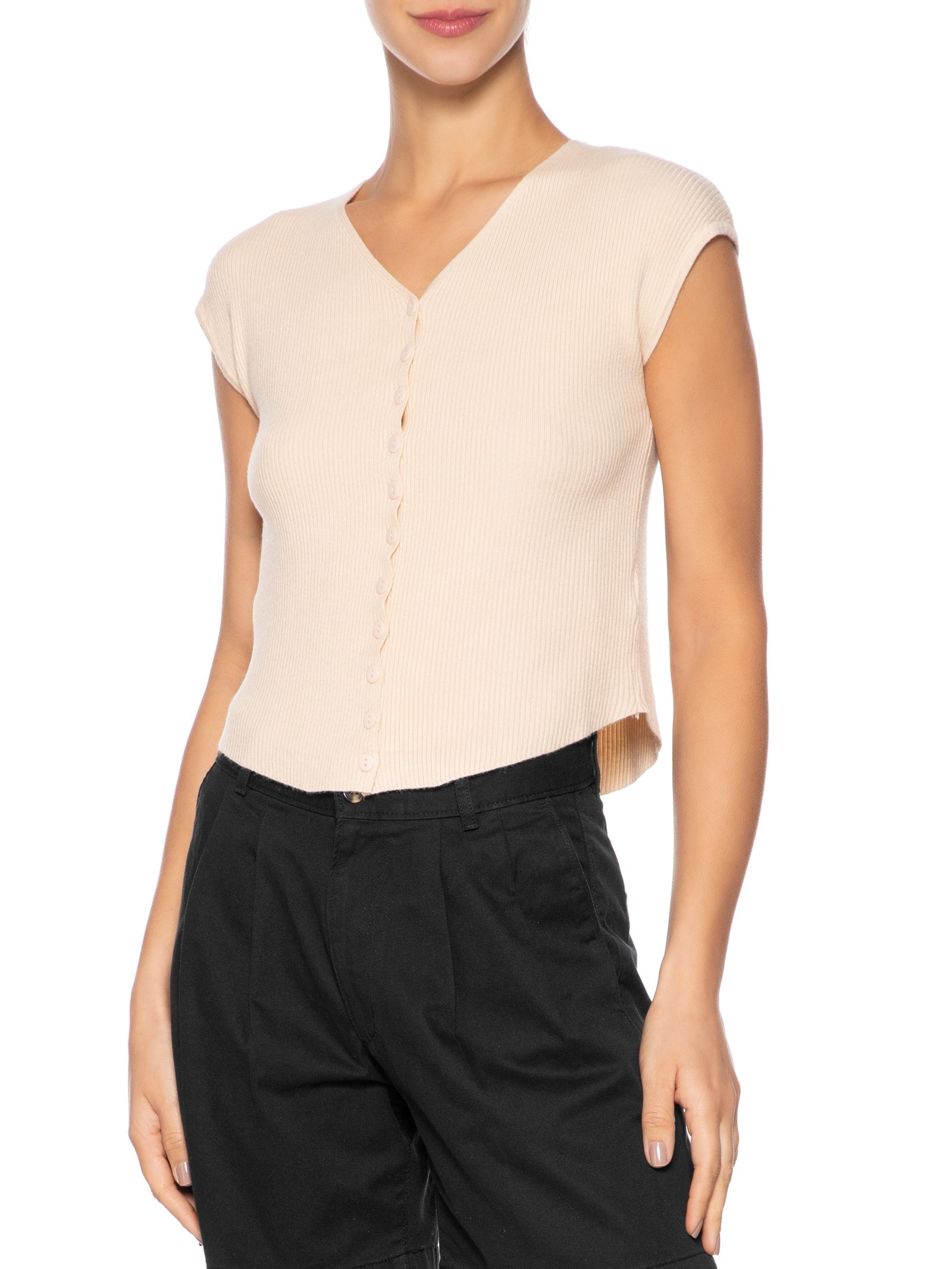 Regata Feminina Tricot De Botão Amarelo Basiq