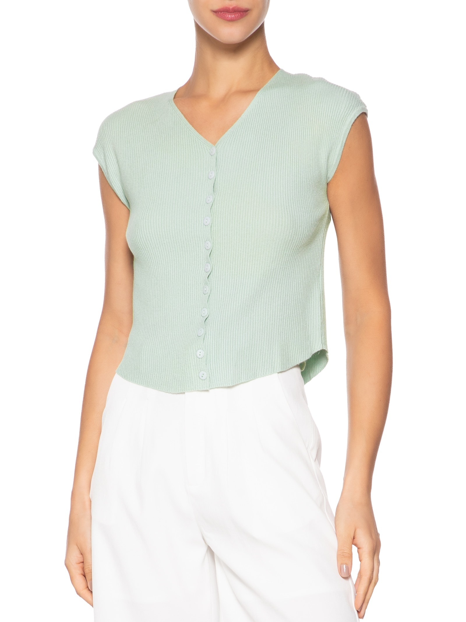 Regata Feminina Tricot De Botão Azul Basiq
