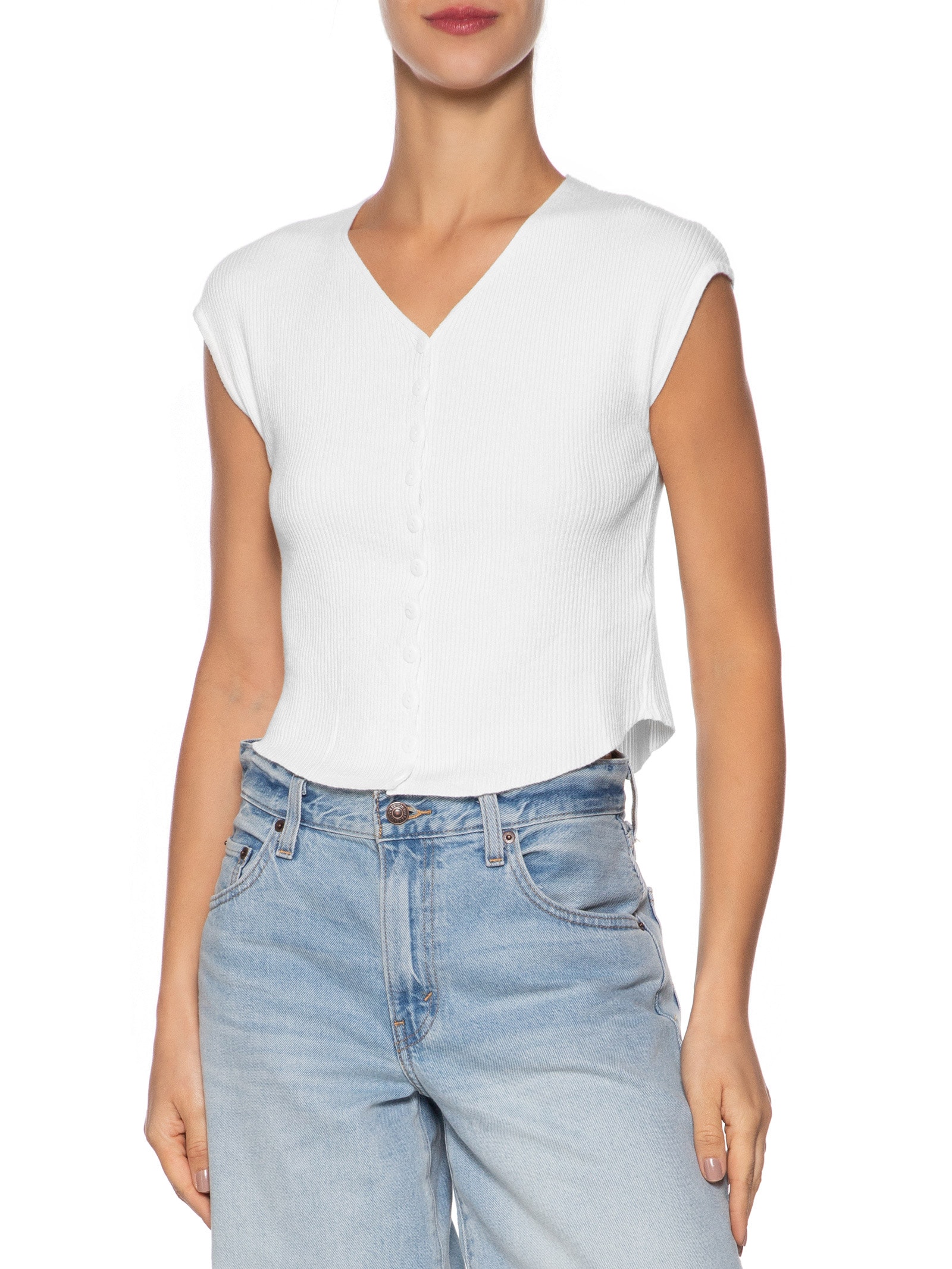 Regata Feminina Tricot De Botão Branco Basiq