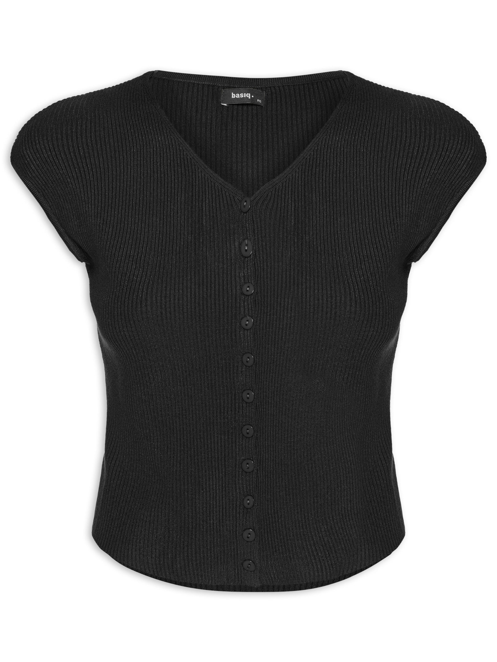 Regata Feminina Tricot De Botão Preto Basiq