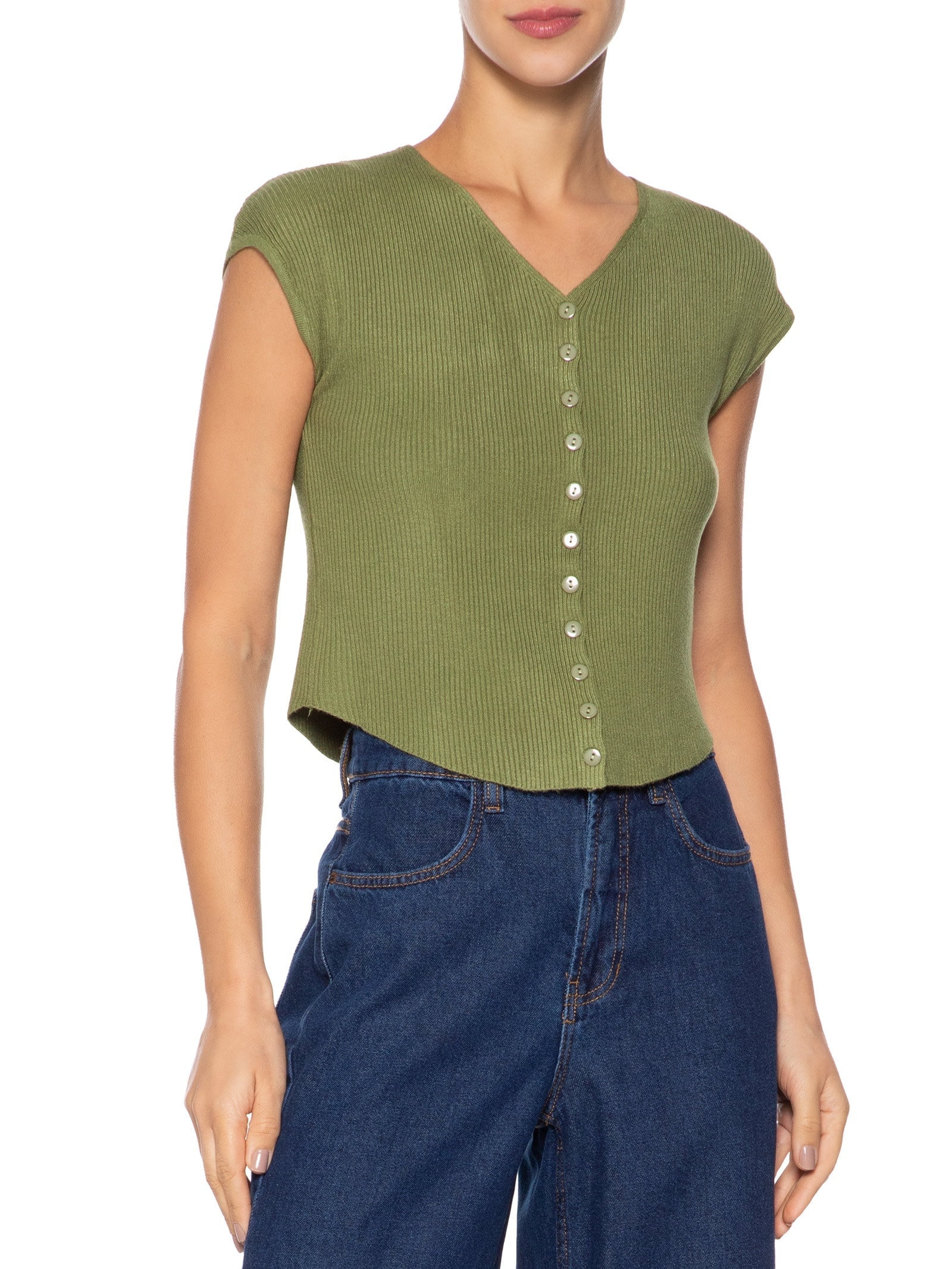 Regata Feminina Tricot De Botão Verde Basiq