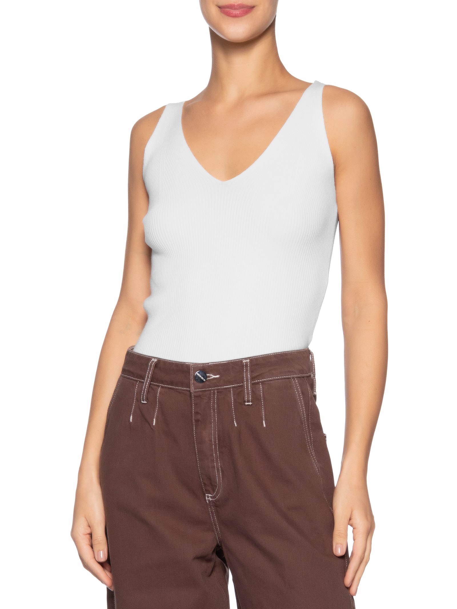 Regata Feminina Tricot Decote V Branco Basiq