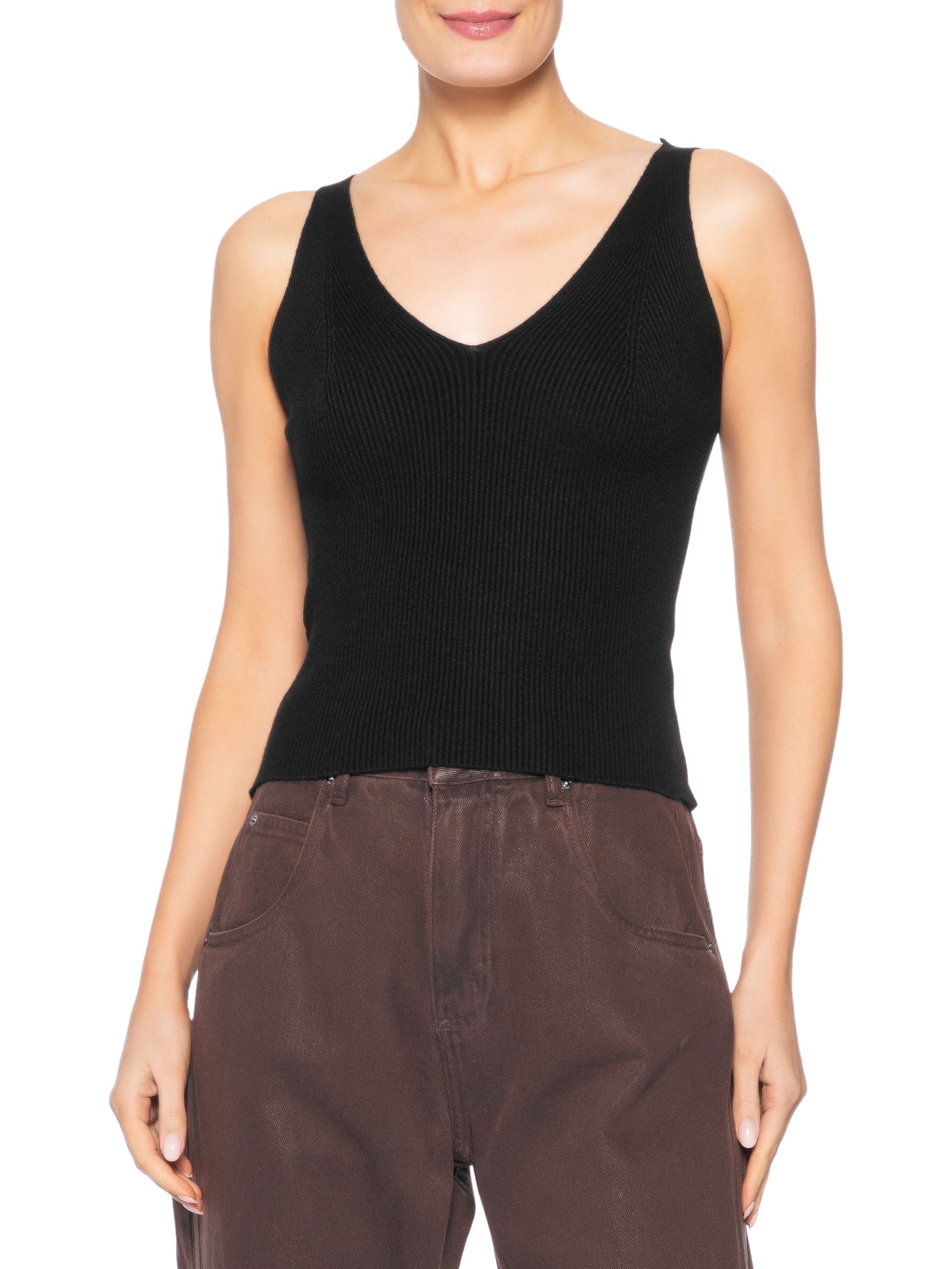 Regata Feminina Tricot Decote V Preto Basiq