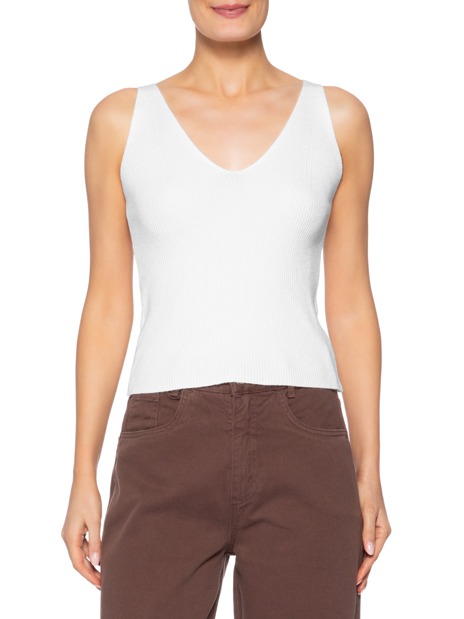 Regata Feminina Tricot Decote V – Branco Basiq