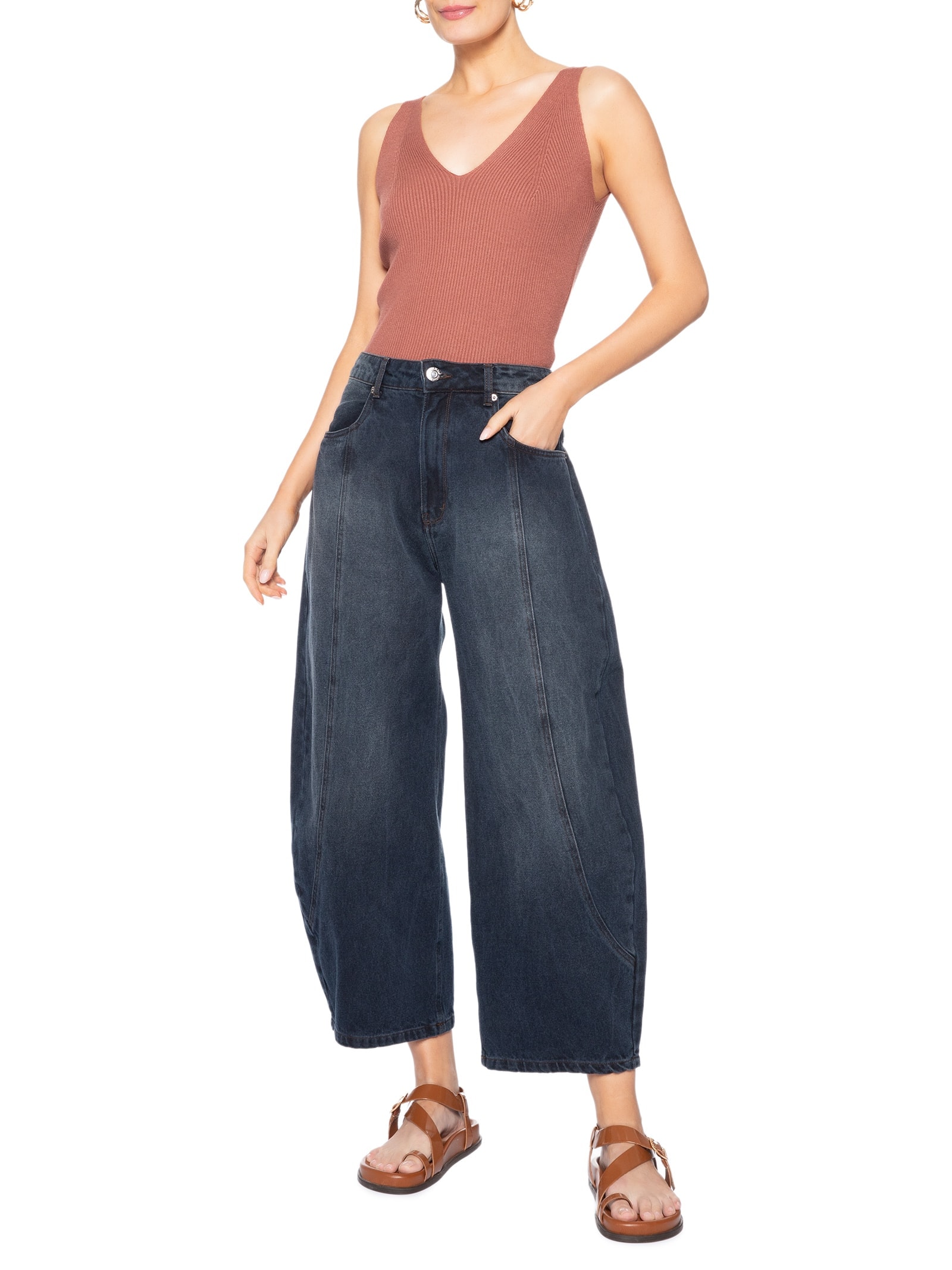 Regata Feminina Tricot Decote V – Marrom Basiq