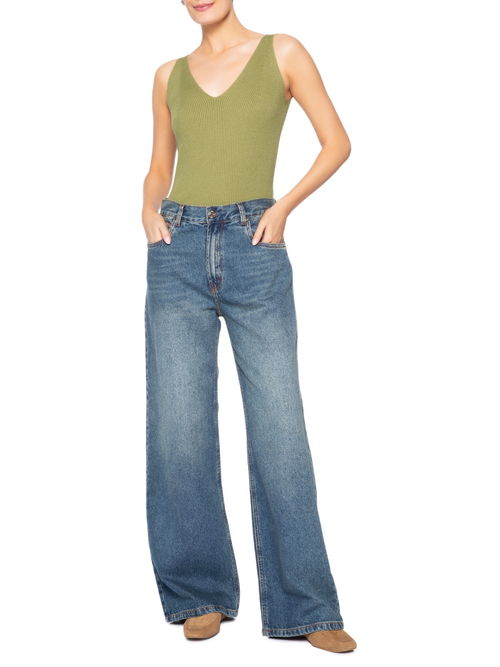 Regata Feminina Tricot Decote V – Verde Basiq