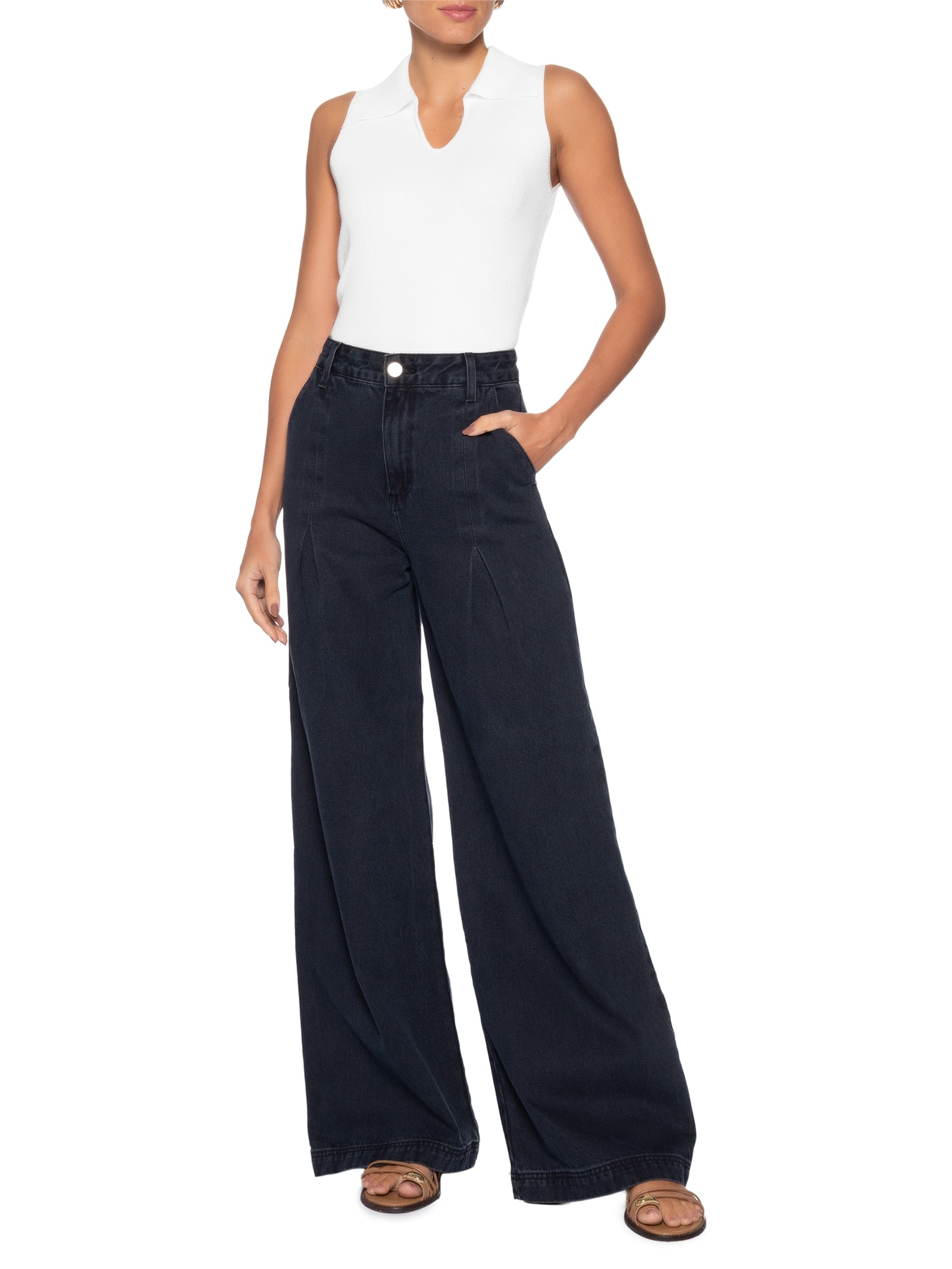 Regata Feminina Tricot Gola Polo Branco Basiq