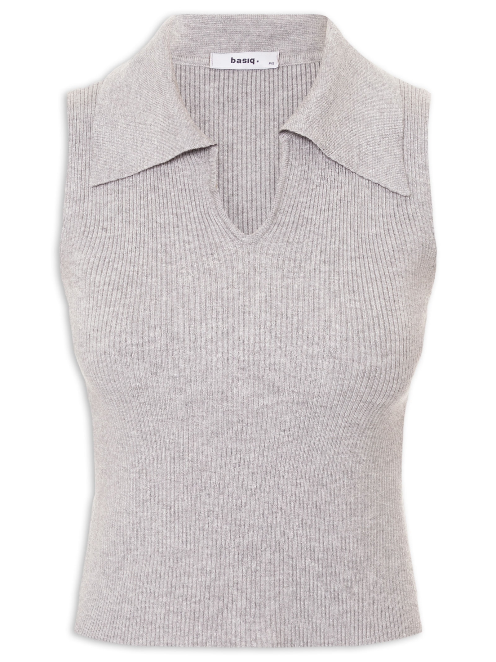 Regata Feminina Tricot Gola Polo Cinza Basiq