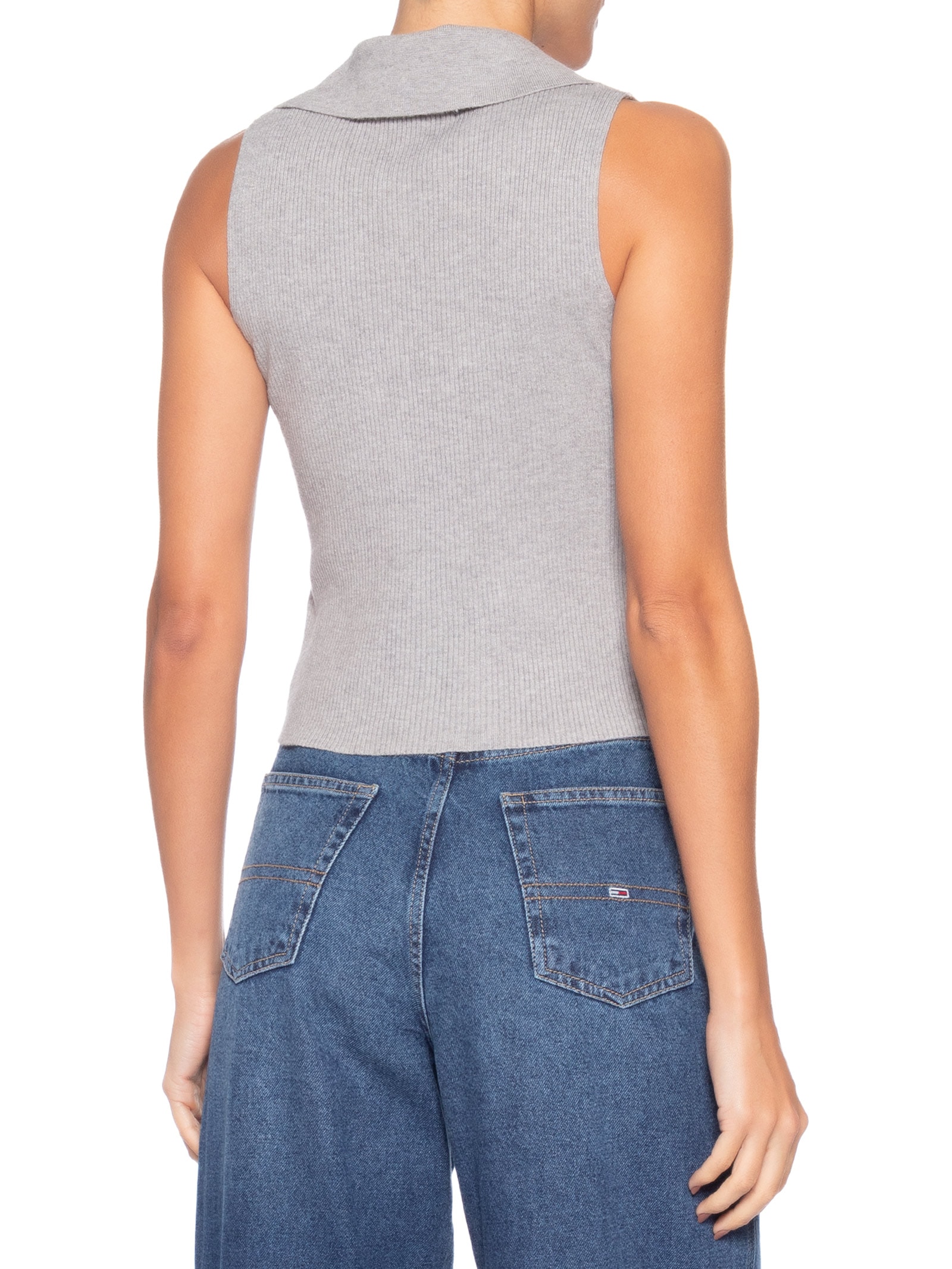 Regata Feminina Tricot Gola Polo Cinza Basiq