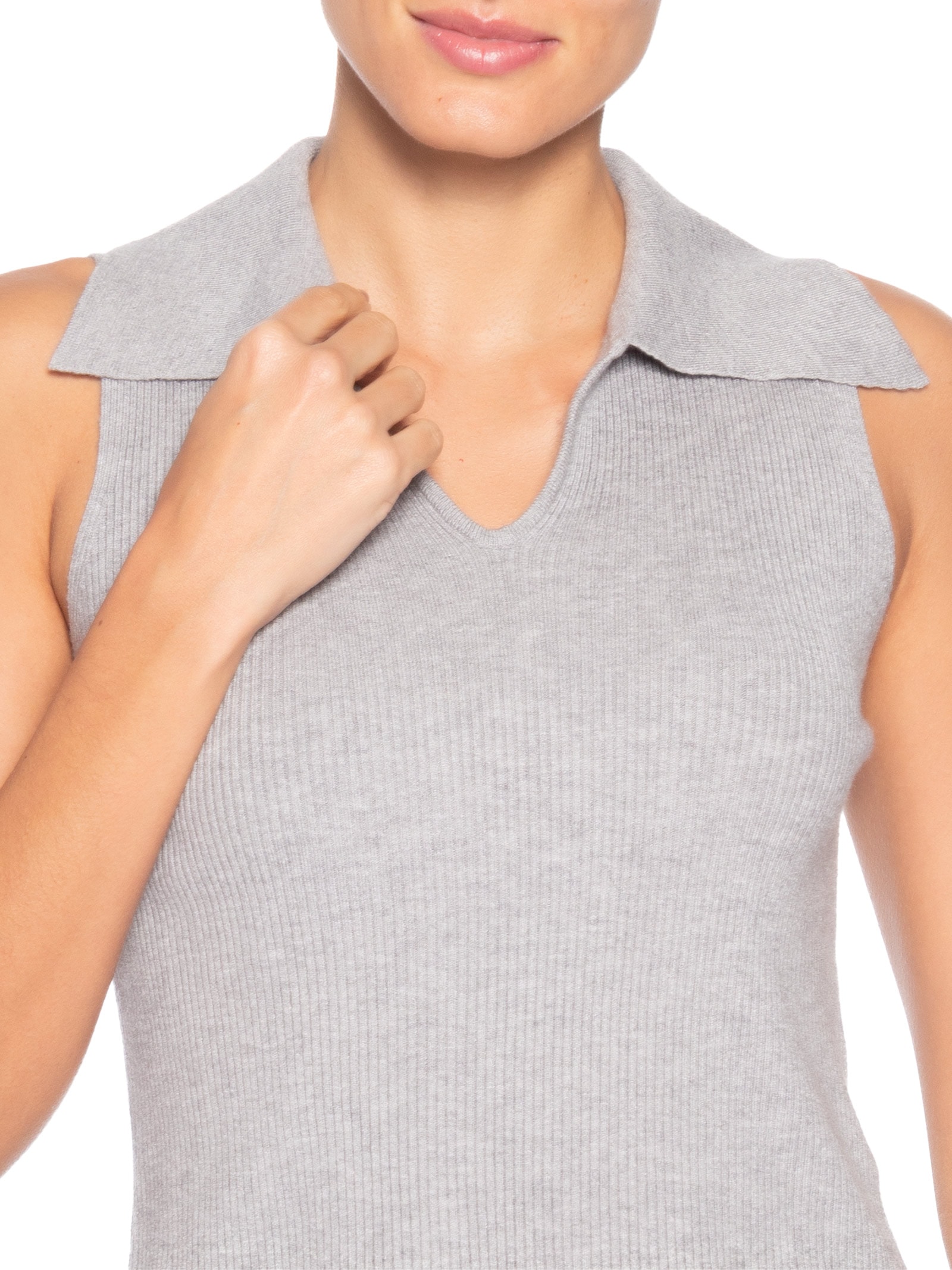 Regata Feminina Tricot Gola Polo Cinza Basiq