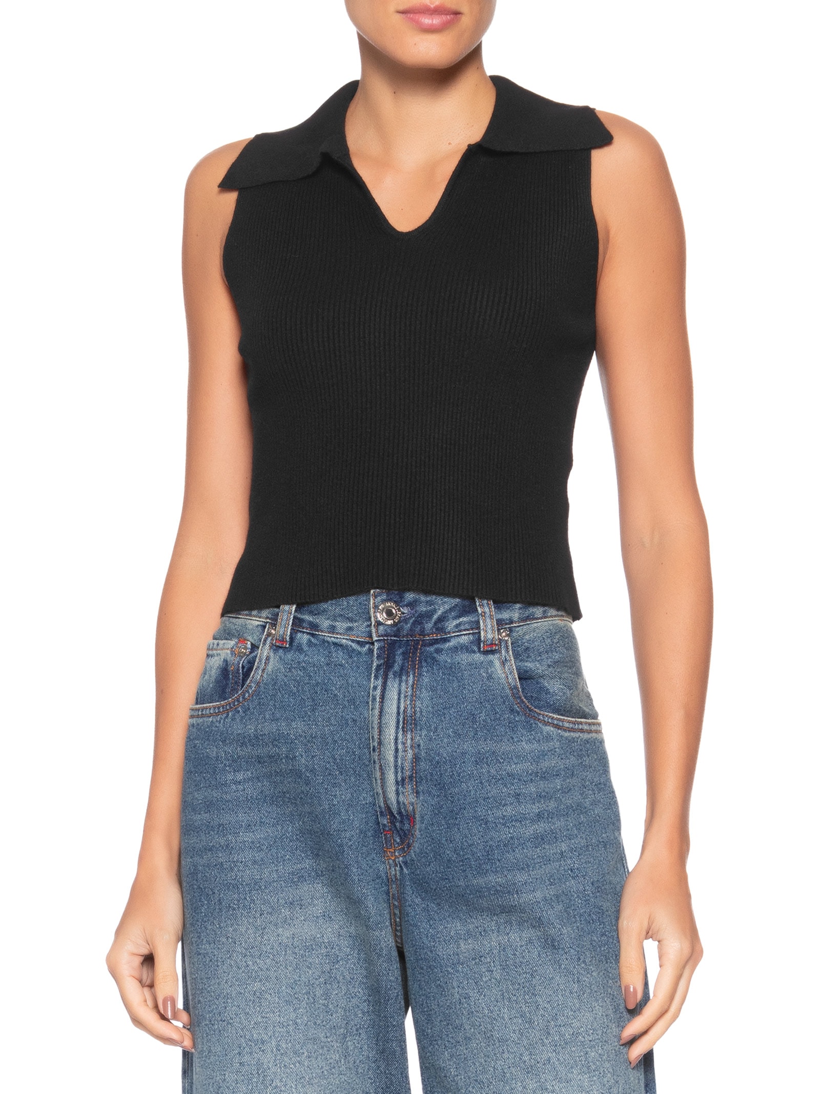 Regata Feminina Tricot Gola Polo Preto Basiq