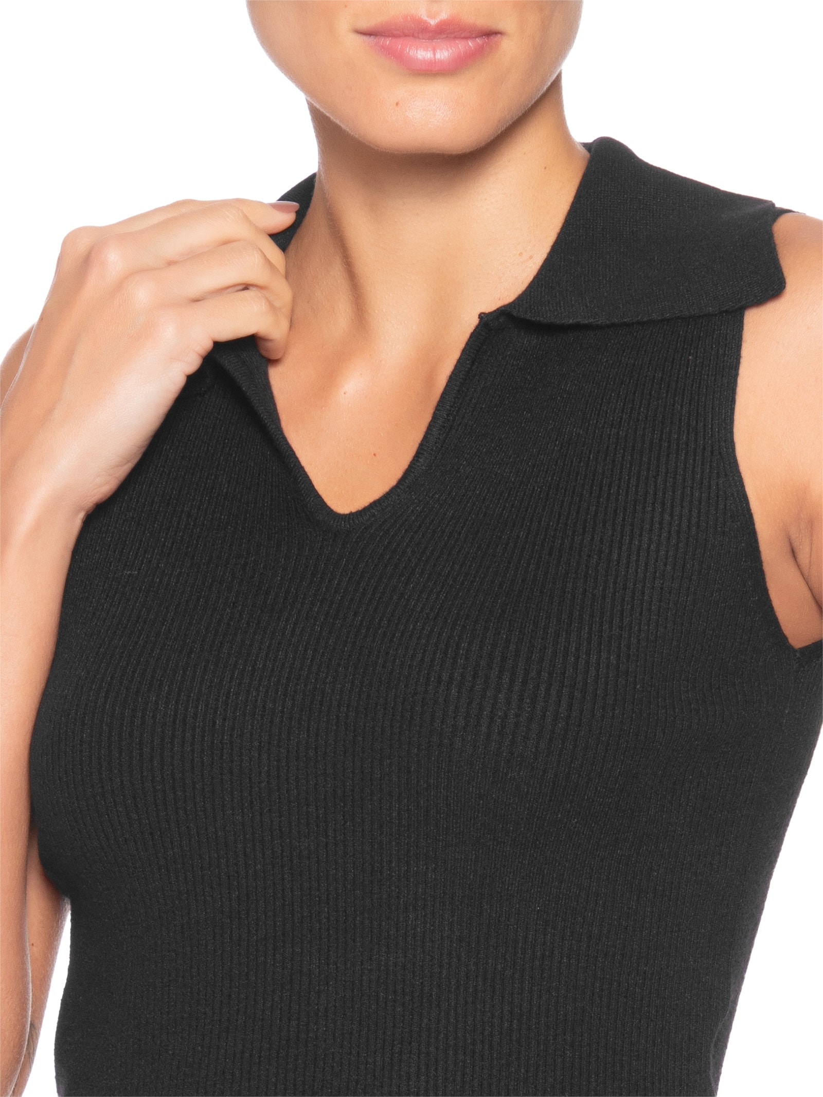 Regata Feminina Tricot Gola Polo Preto Basiq