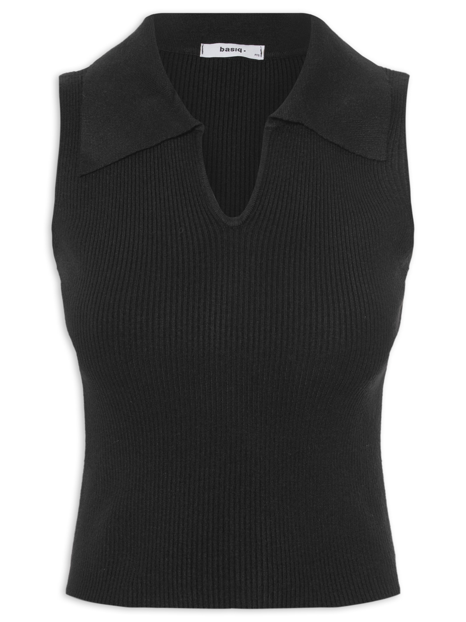 Regata Feminina Tricot Gola Polo Preto Basiq