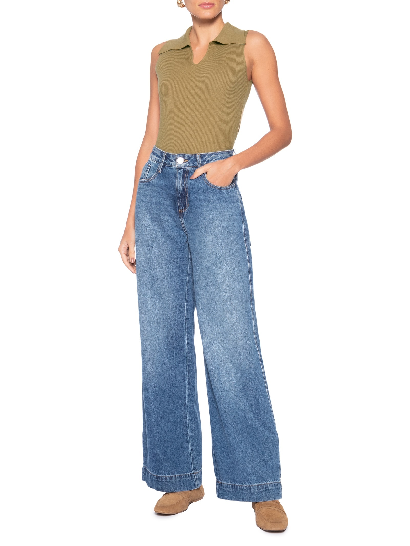 Regata Feminina Tricot Gola Polo Verde Basiq