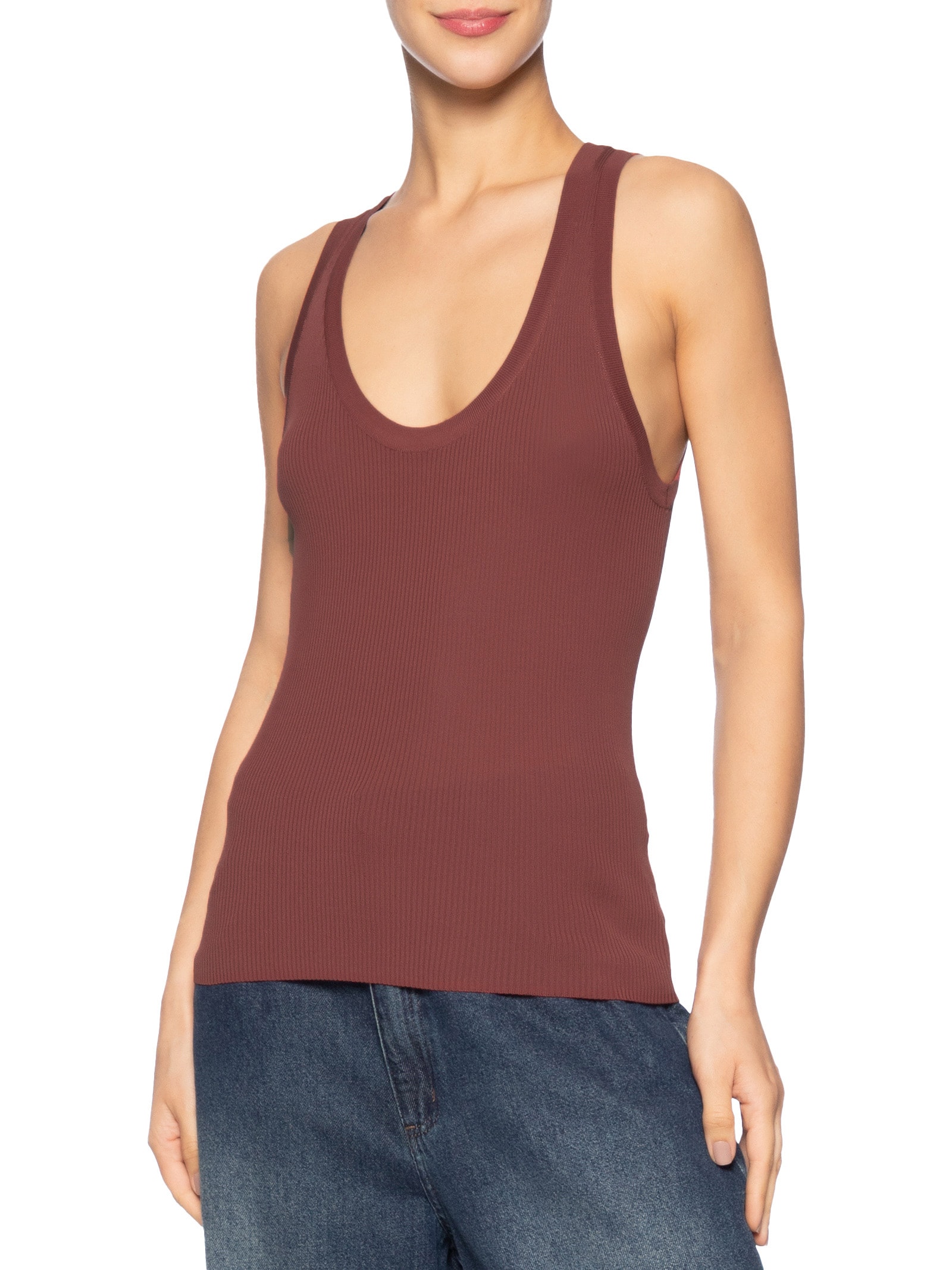 Regata Feminina Tricot Gola U Canelada Color Marrom Animale