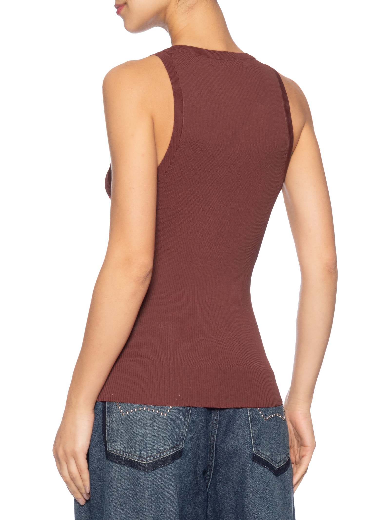 Regata Feminina Tricot Gola U Canelada Color Marrom Animale