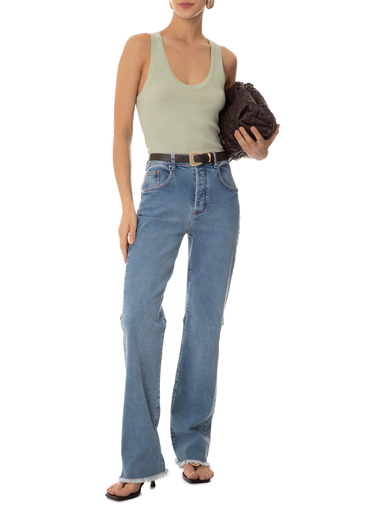 Regata Feminina Tricot Gola U Canelada Color Verde Animale