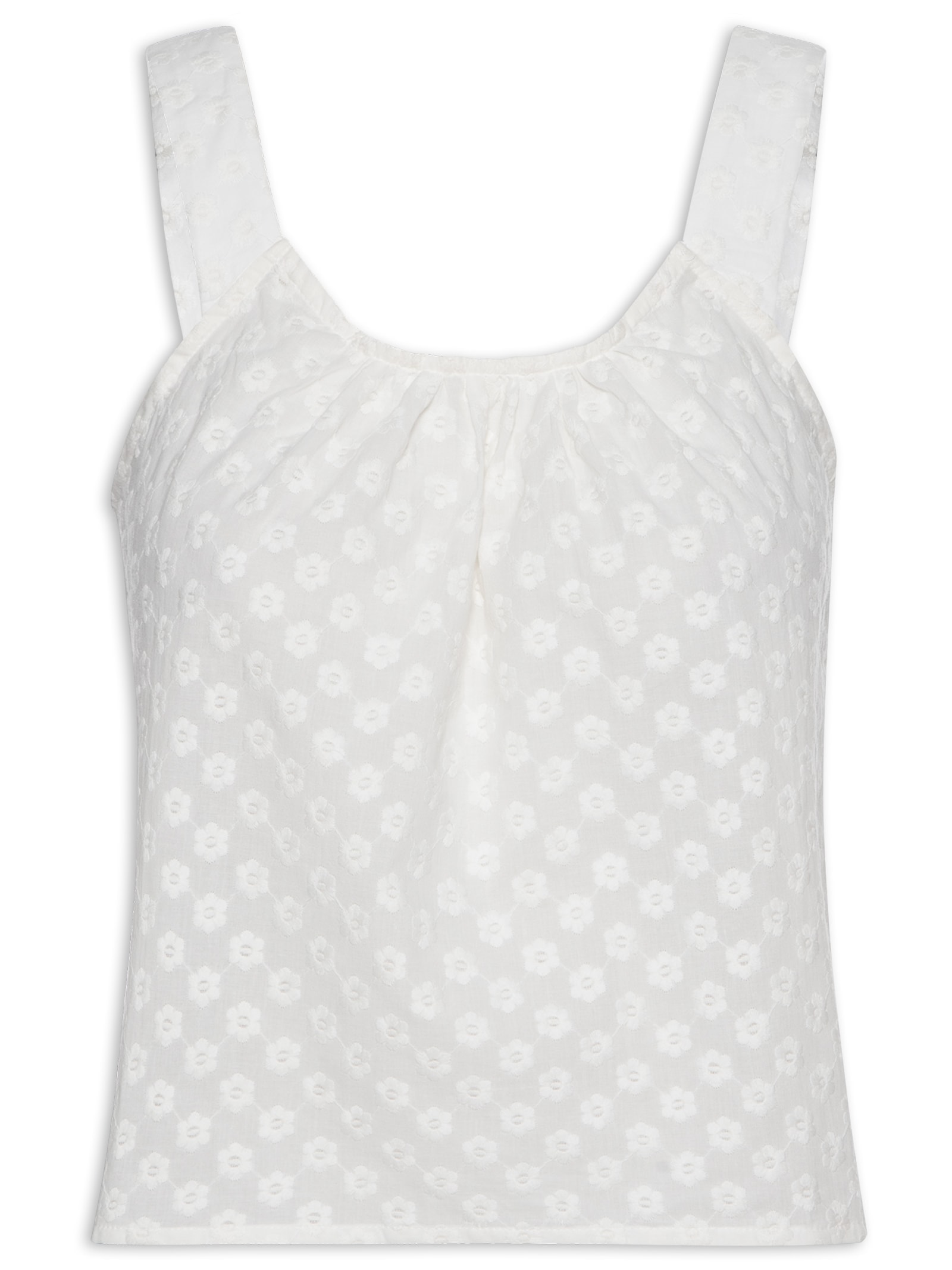 Regata Feminina Voil Bordado Mini Flowers Off White Cantão