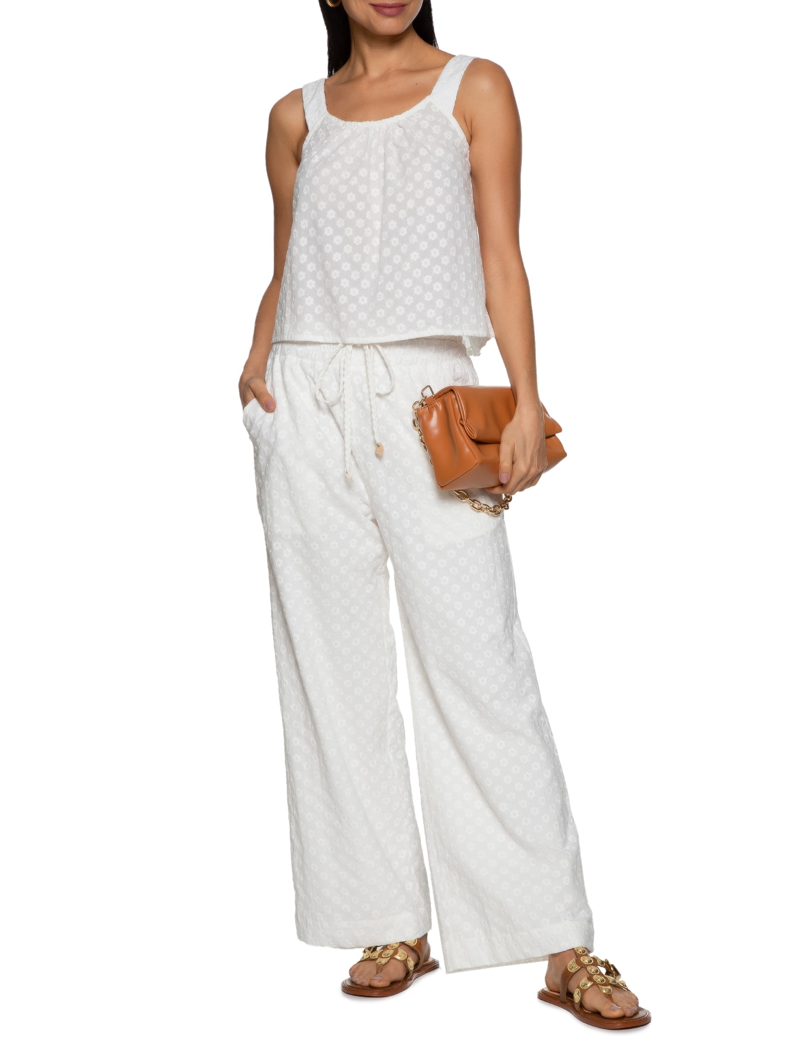 Regata Feminina Voil Bordado Mini Flowers Off White Cantão