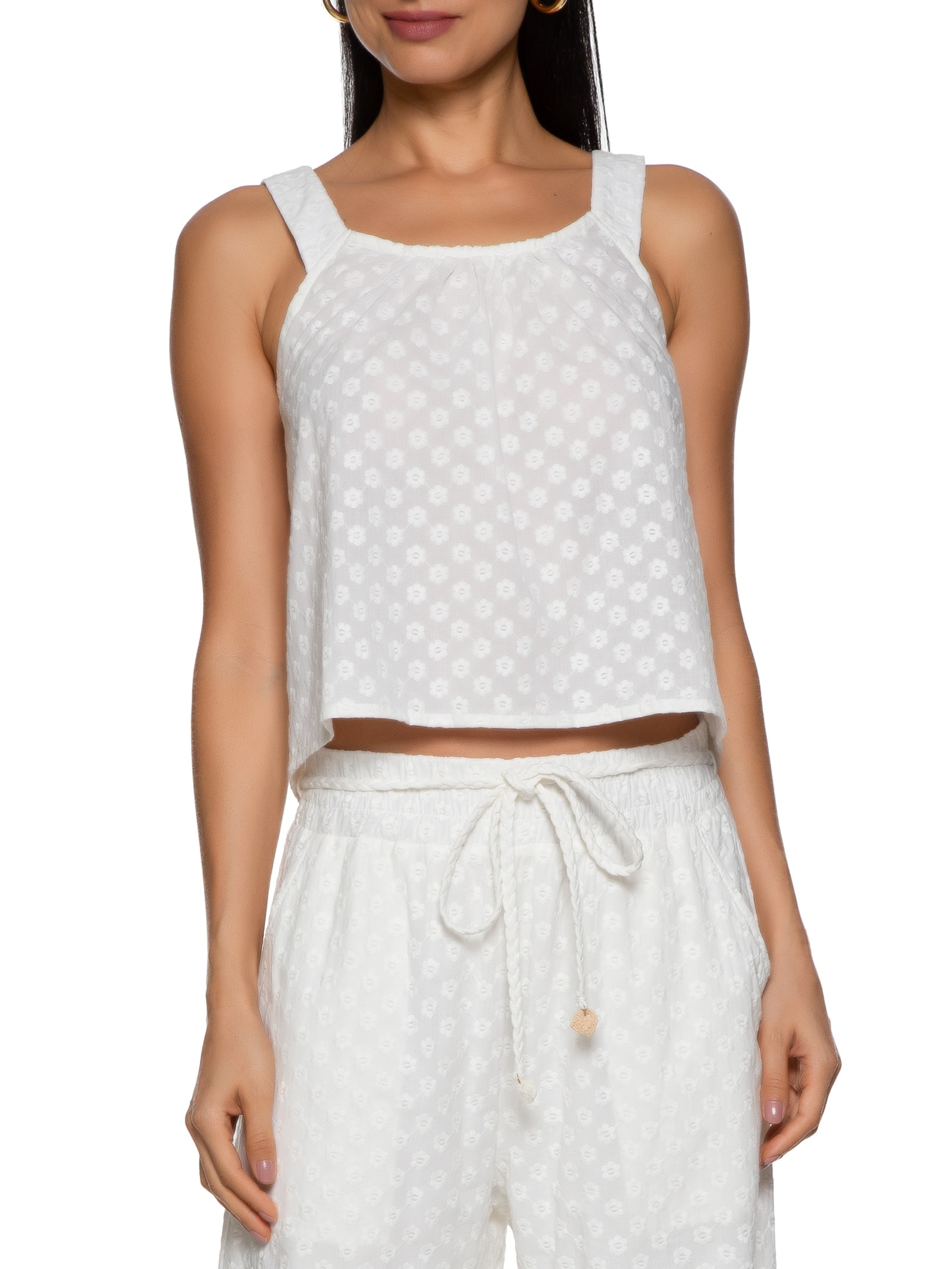 Regata Feminina Voil Bordado Mini Flowers Off White Cantão