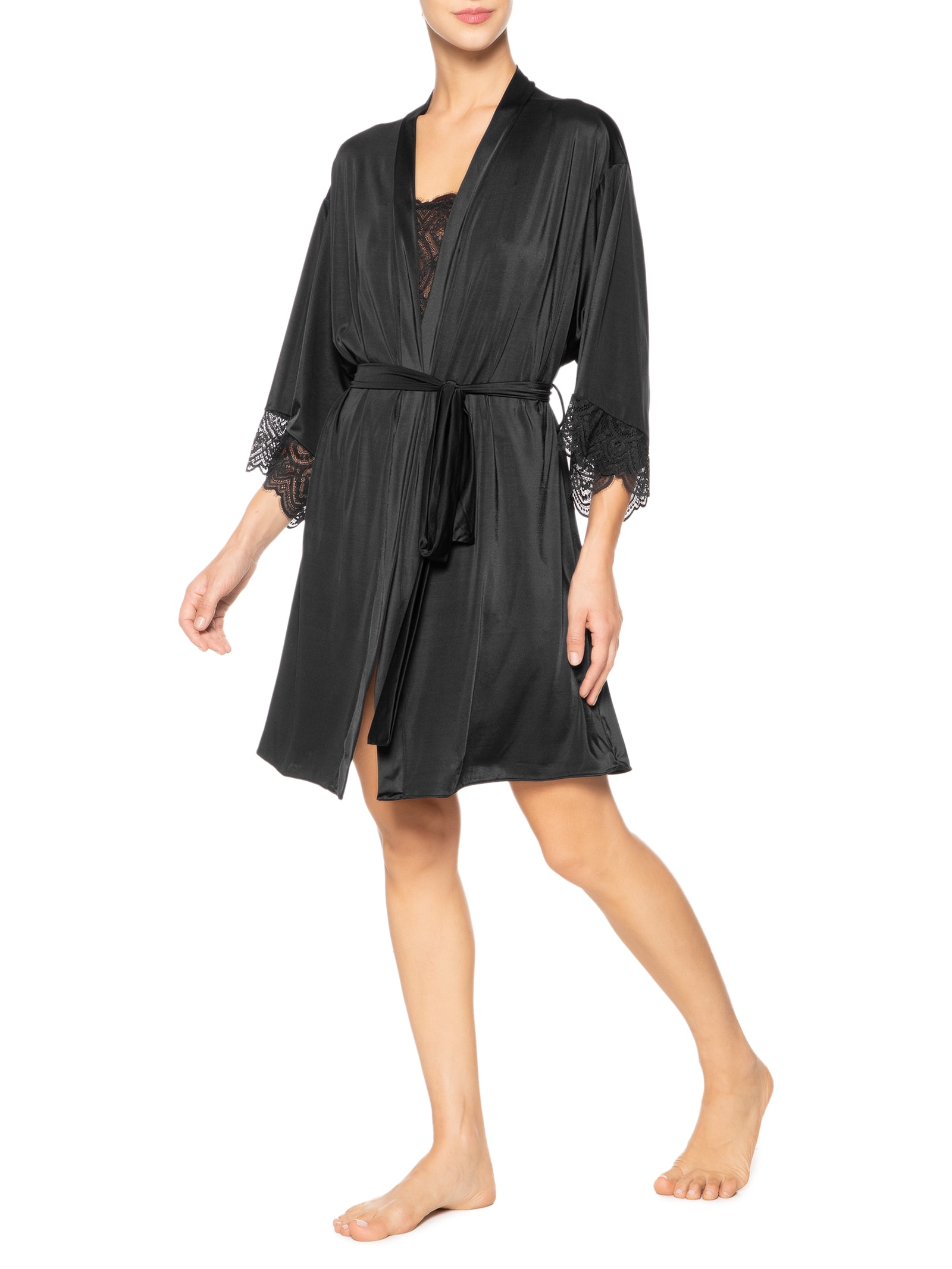 Ra Robe Hope - Robe Em Microfibra Com Renda Fever - Preto