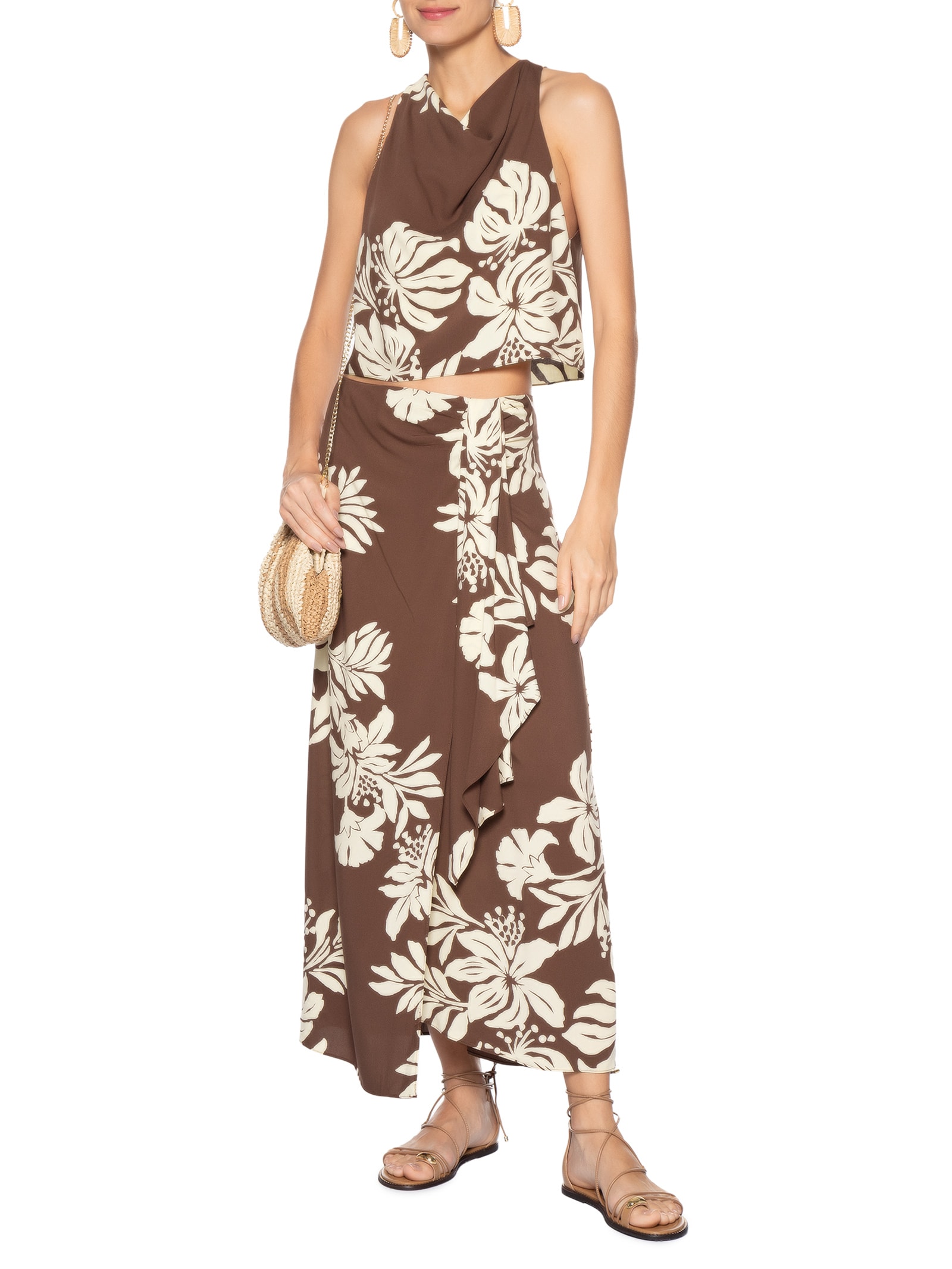 Saia Cropped Pareô Estampa Bela Flor Marrom Dress To