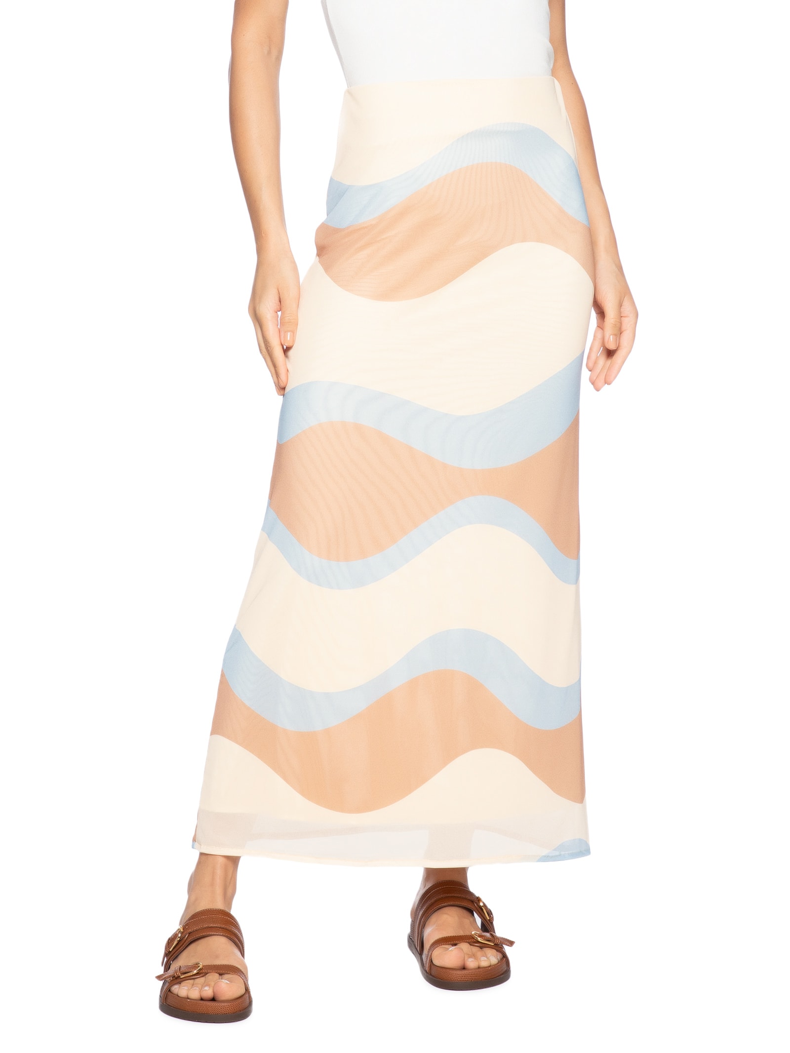 Saia Cropped Tule Estampa Oceano Bege Dress To