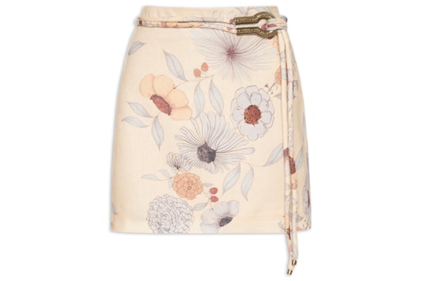 Saia Curta Linho Estampa Fleur - Bege