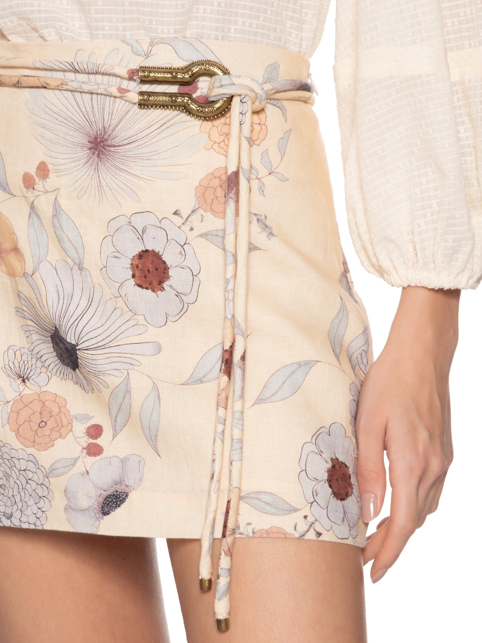 Saia Curta Linho Estampa Fleur Bege Maria Filó
