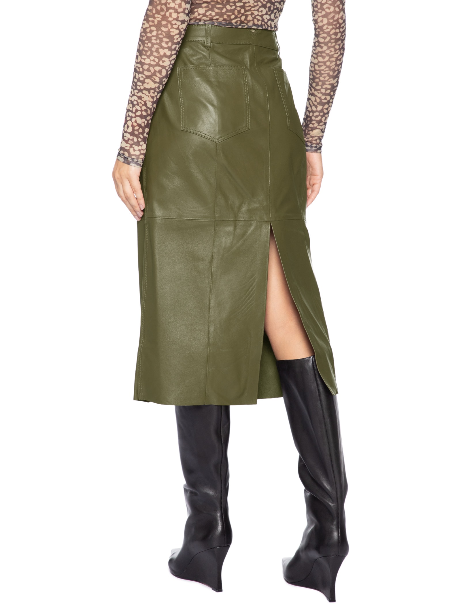 Saia De Couro Midi Botão Travessão Verde Animale