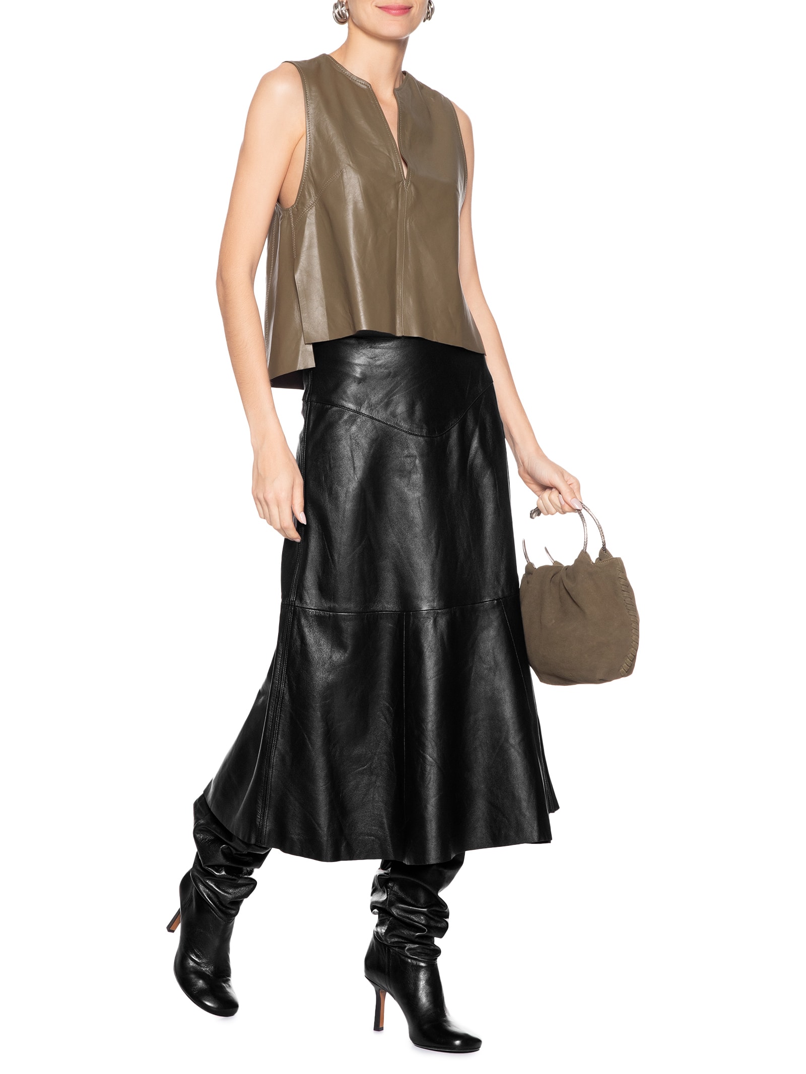 Saia De Couro Midi Recorte Cosert Preto Animale