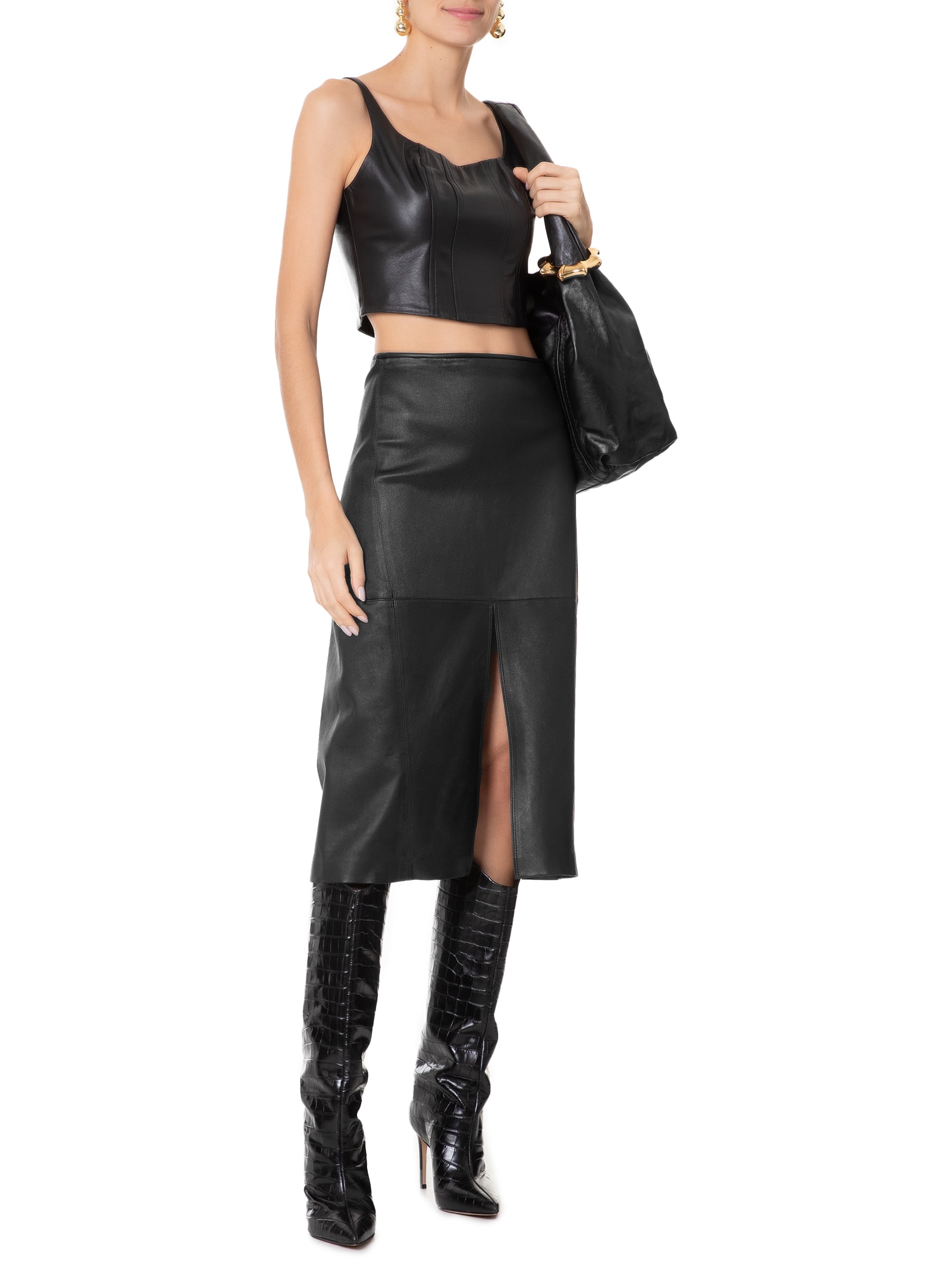 Animale - Saia De Couro Stretch Midi Fenda Frontal - Preto