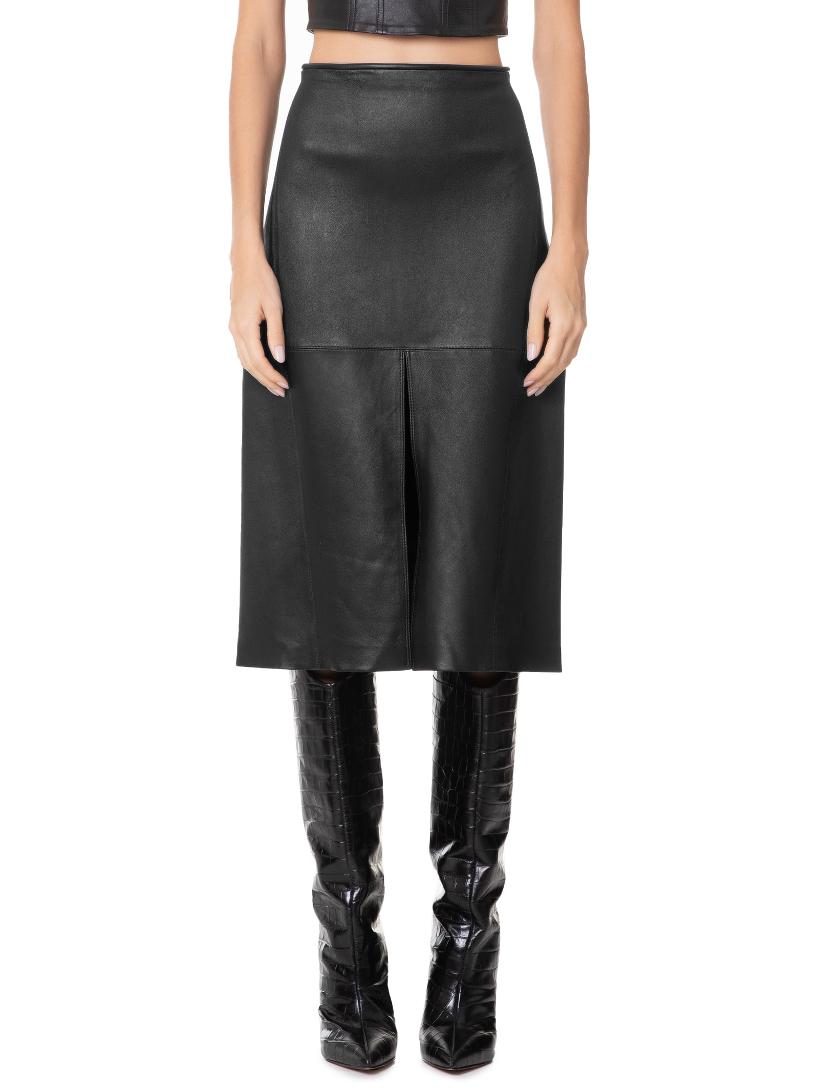 Animale - Saia De Couro Stretch Midi Fenda Frontal - Preto