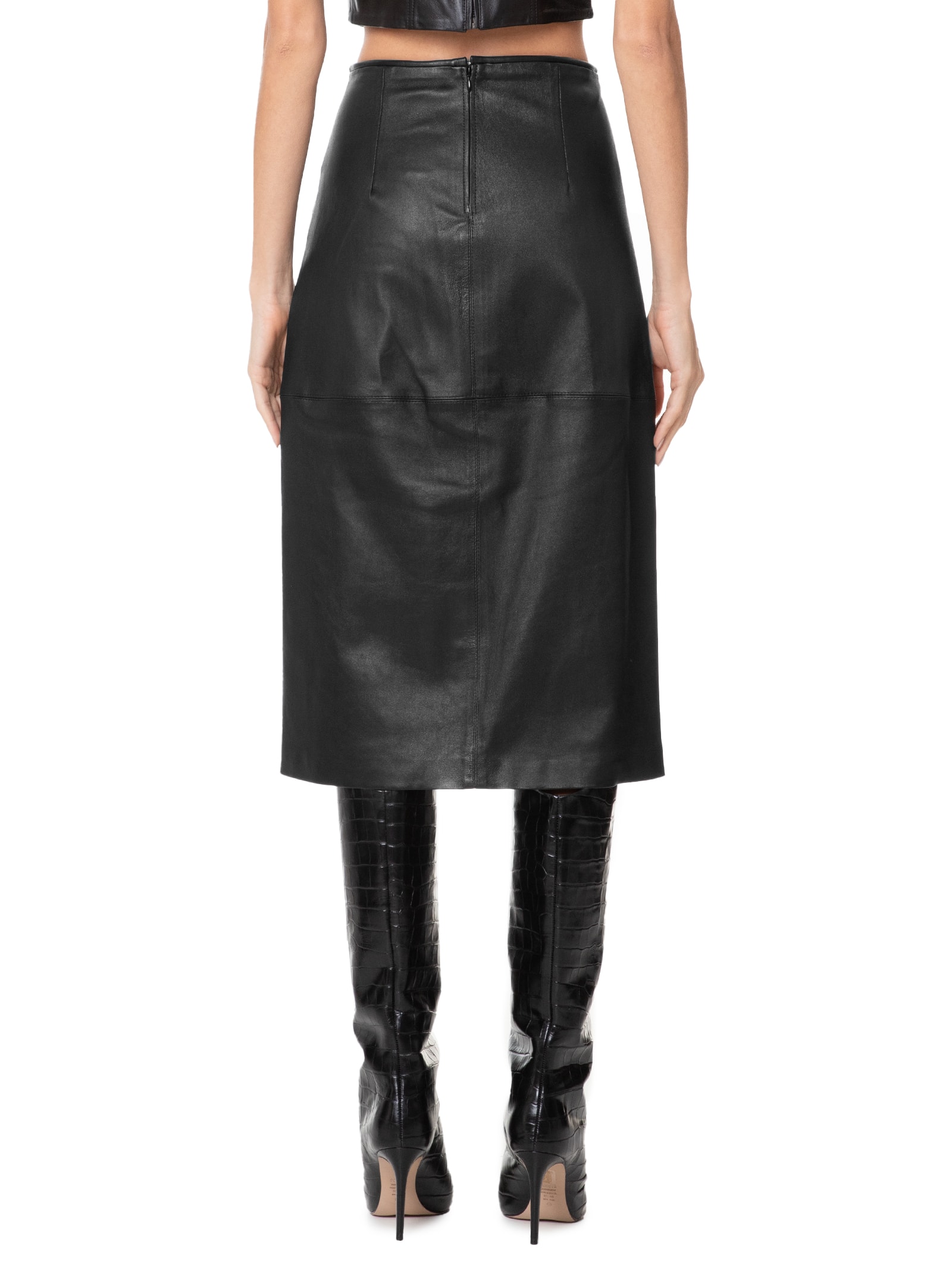 Animale - Saia De Couro Stretch Midi Fenda Frontal - Preto
