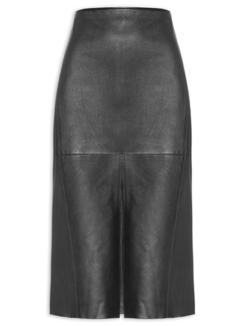 Saia De Couro Stretch Midi Fenda Frontal - Preto