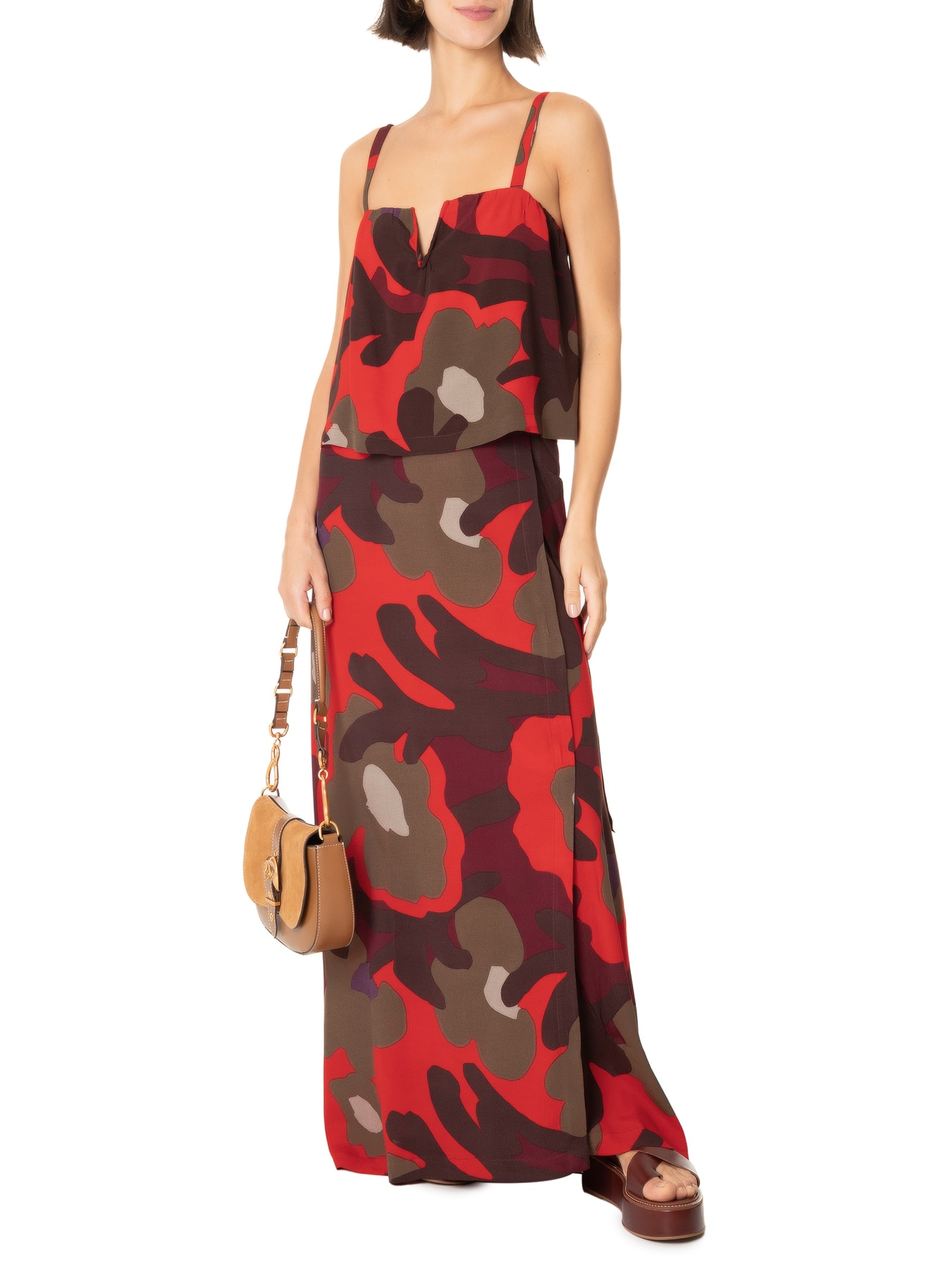 Saia De Crepe Midi Estampada Valentina Vermelho Cantão