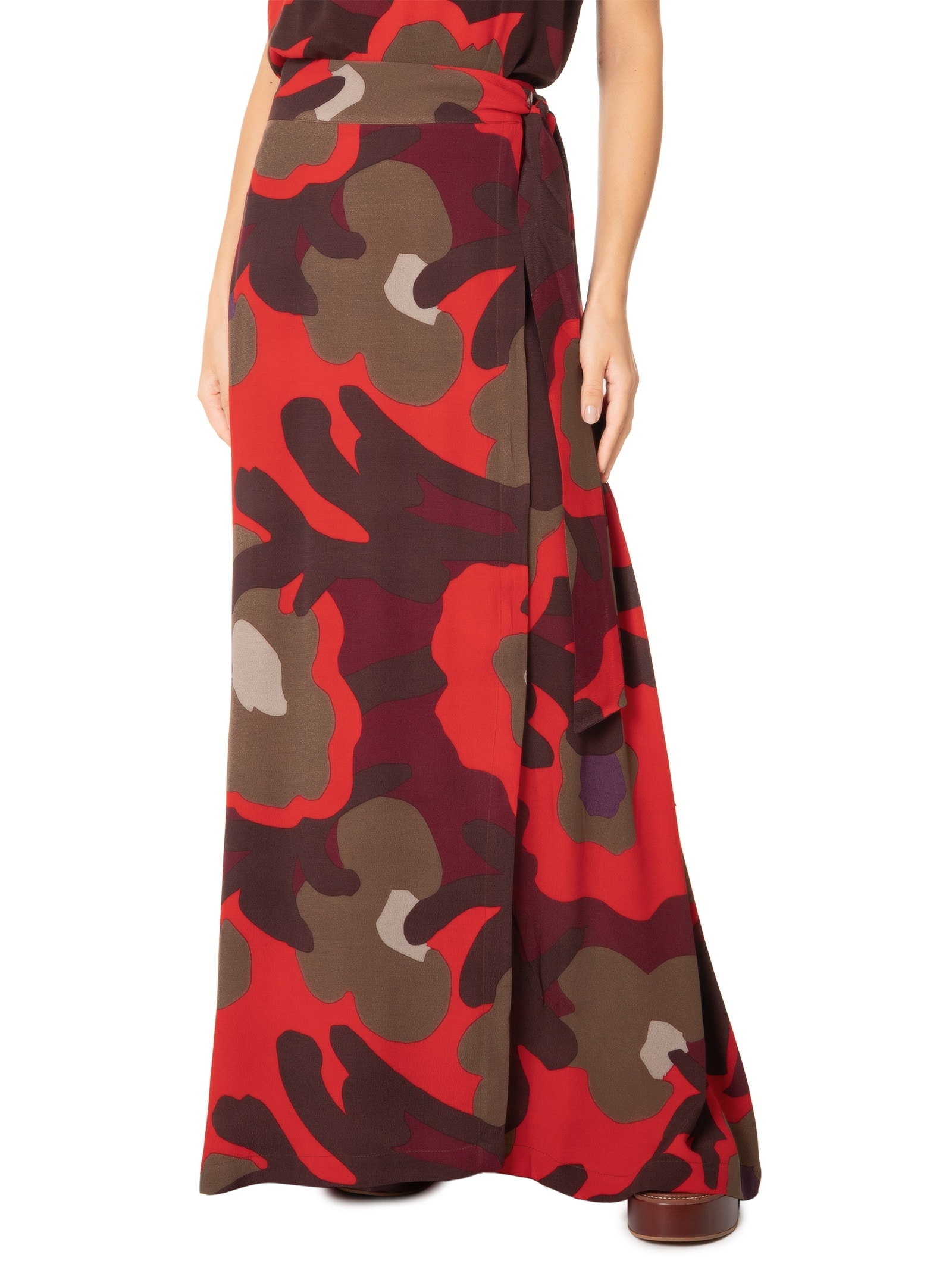 Saia De Crepe Midi Estampada Valentina Vermelho Cantão