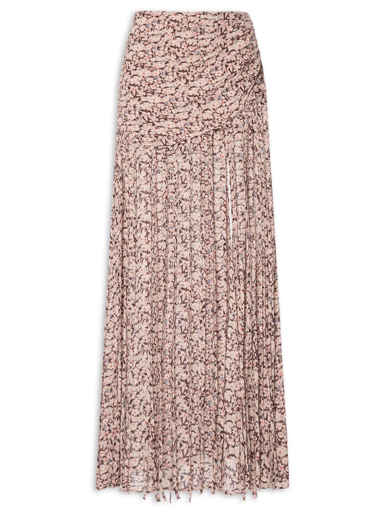 Saia De Georgette Longa Estampa Liberty Chelsea Detalhe Em Franjas Marrom Animale