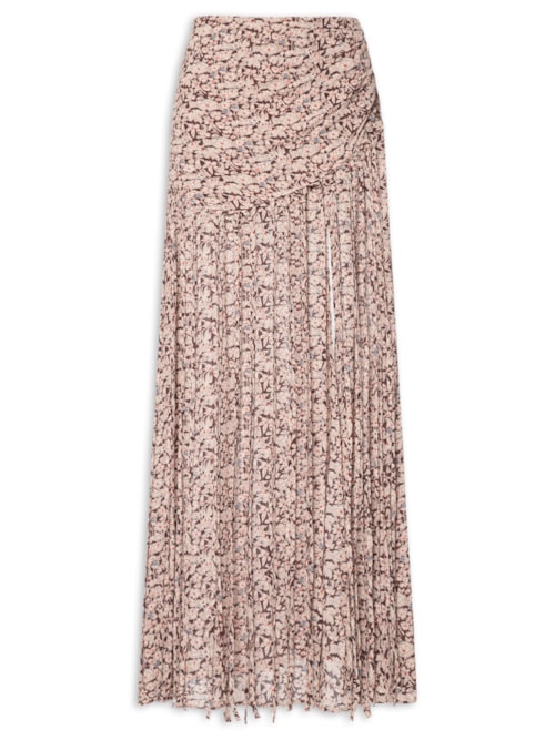 Saia De Georgette Longa Estampa Liberty Chelsea Detalhe Em Franjas - Marrom