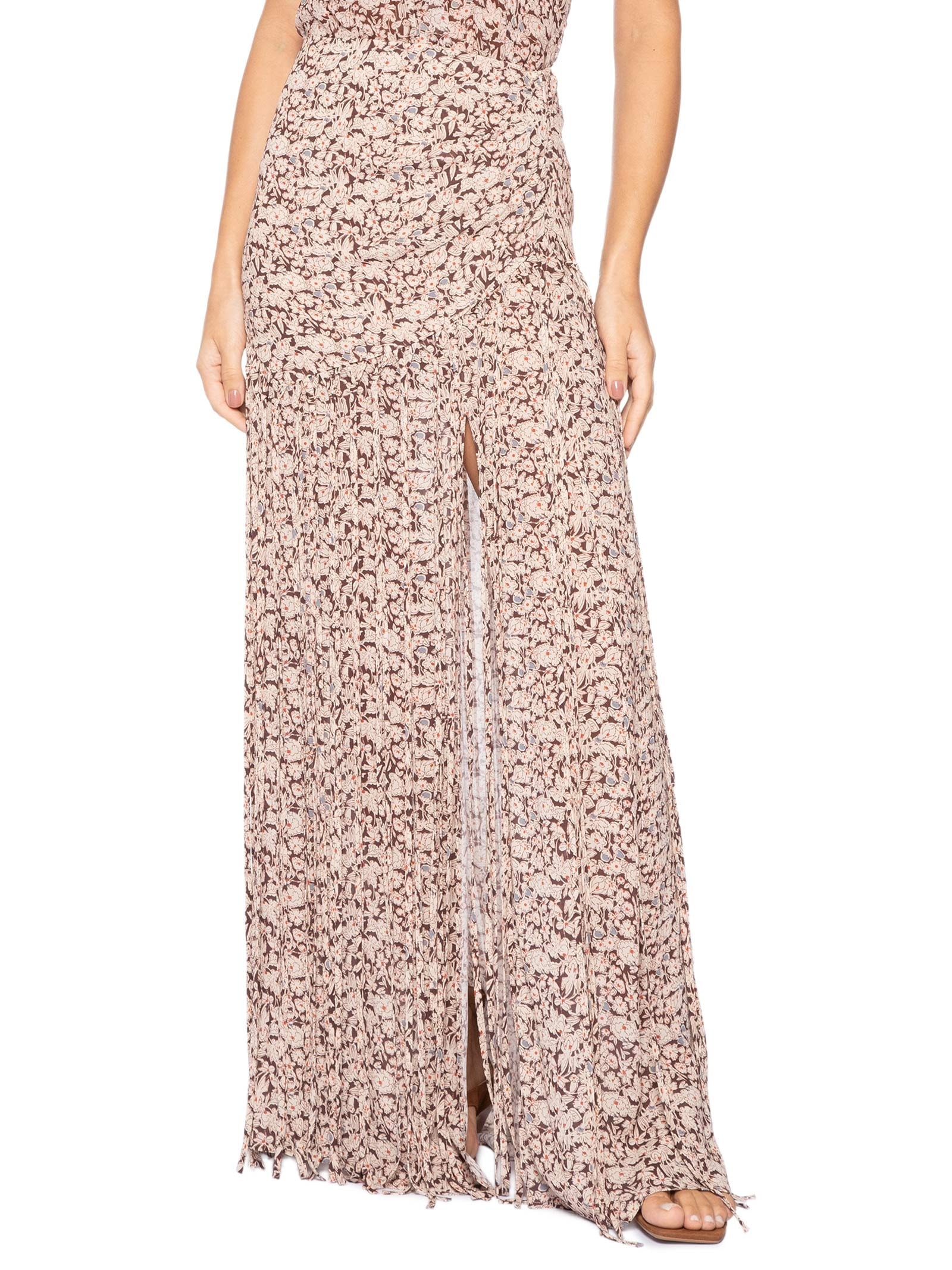 Saia De Georgette Longa Estampa Liberty Chelsea Detalhe Em Franjas Marrom Animale