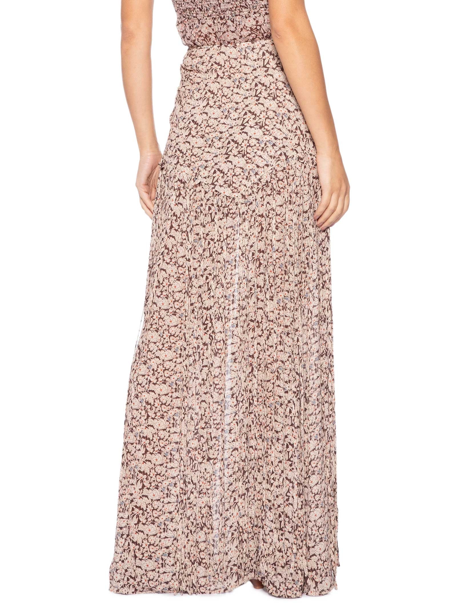 Saia De Georgette Longa Estampa Liberty Chelsea Detalhe Em Franjas Marrom Animale