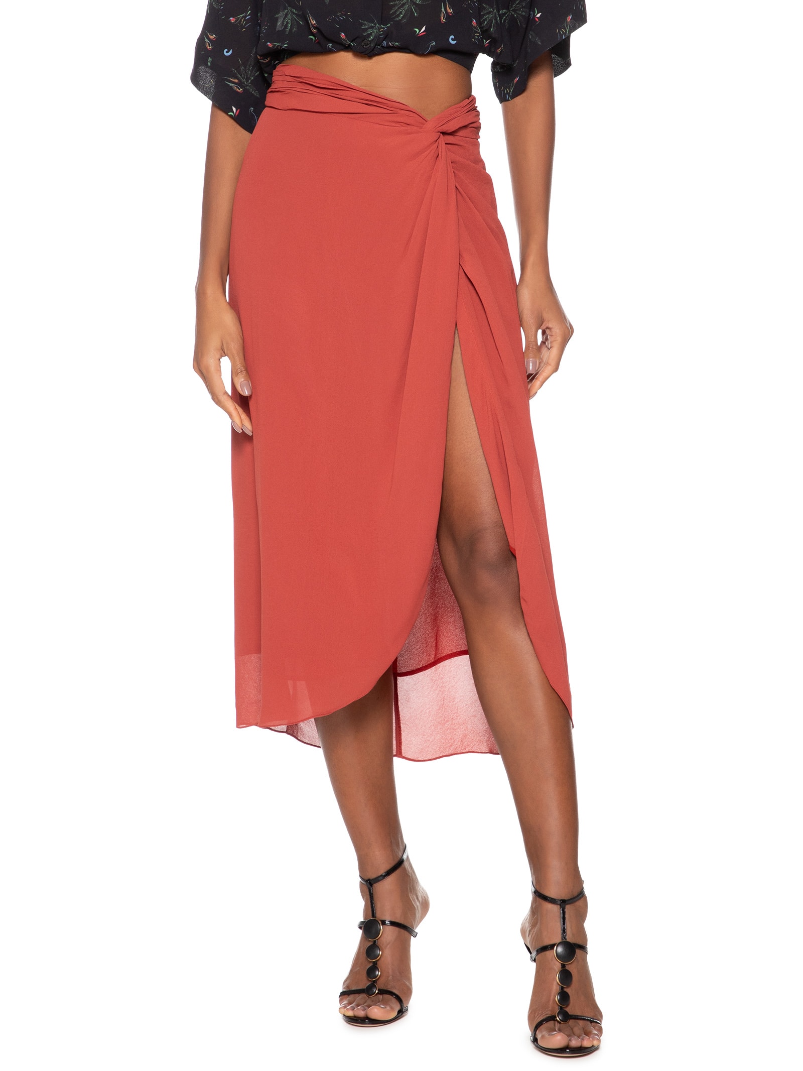Saia De Georgette Pesado Midi Pareô Vermelha Vermelho Animale