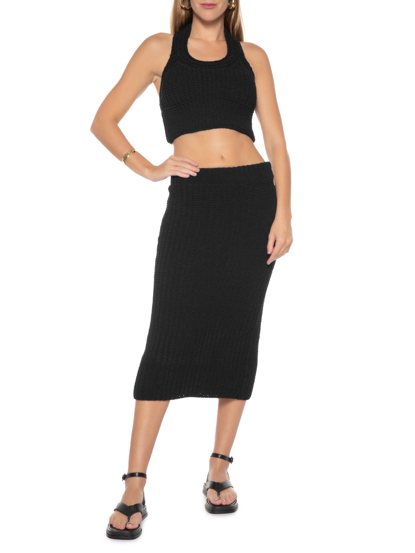 Saia De Tricot Ponto Crochê Preto Animale Jeans