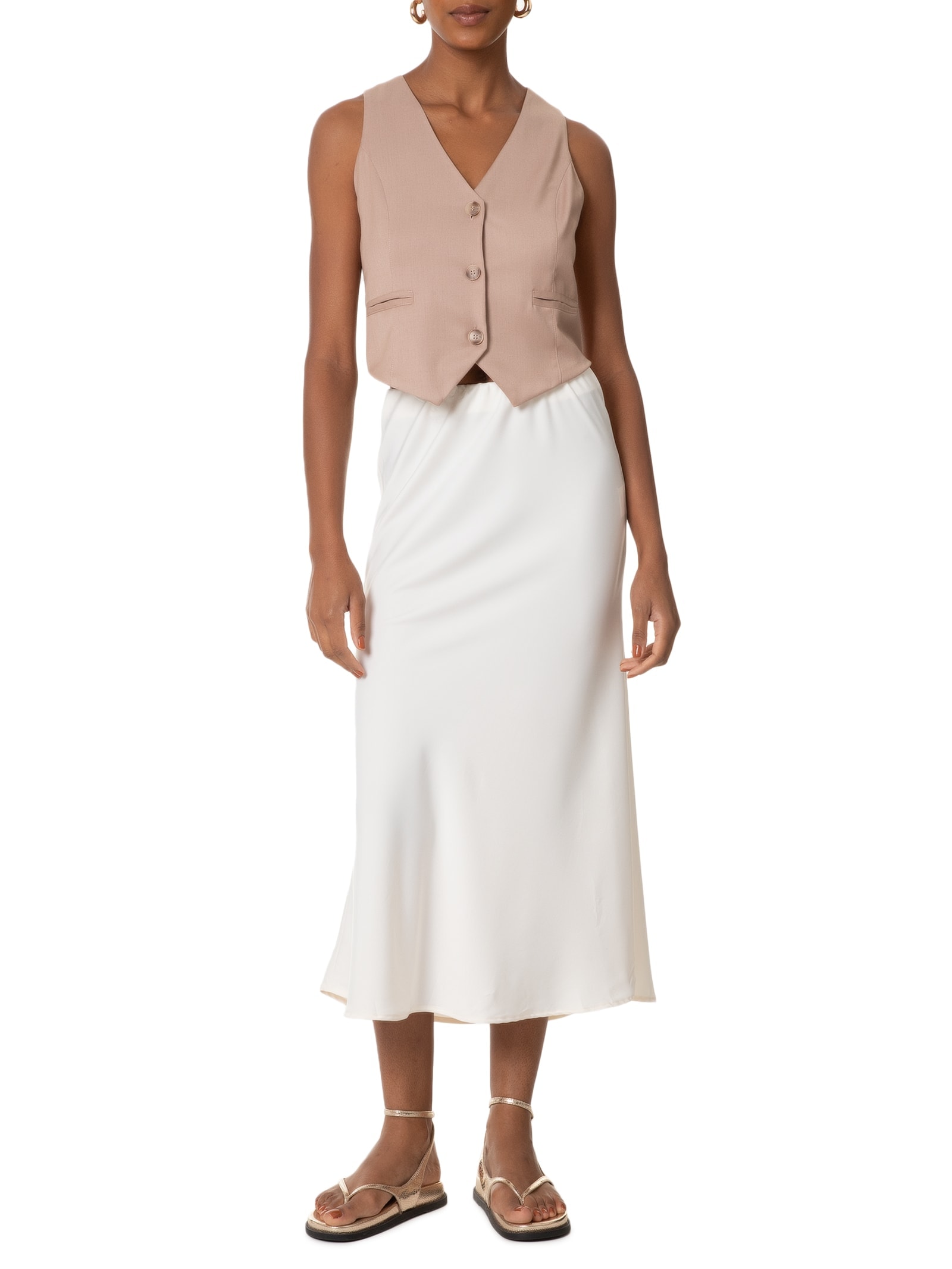 Saia Evasê Acetinada Off White Basiq