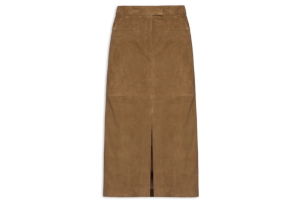 Saia Feminina Midi Com Fenda Em Suede - Marrom