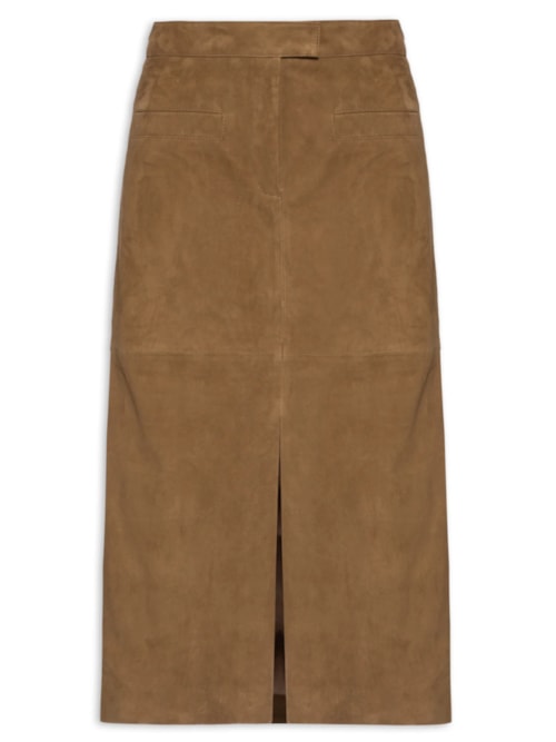 Saia Feminina Midi Com Fenda Em Suede – Marrom