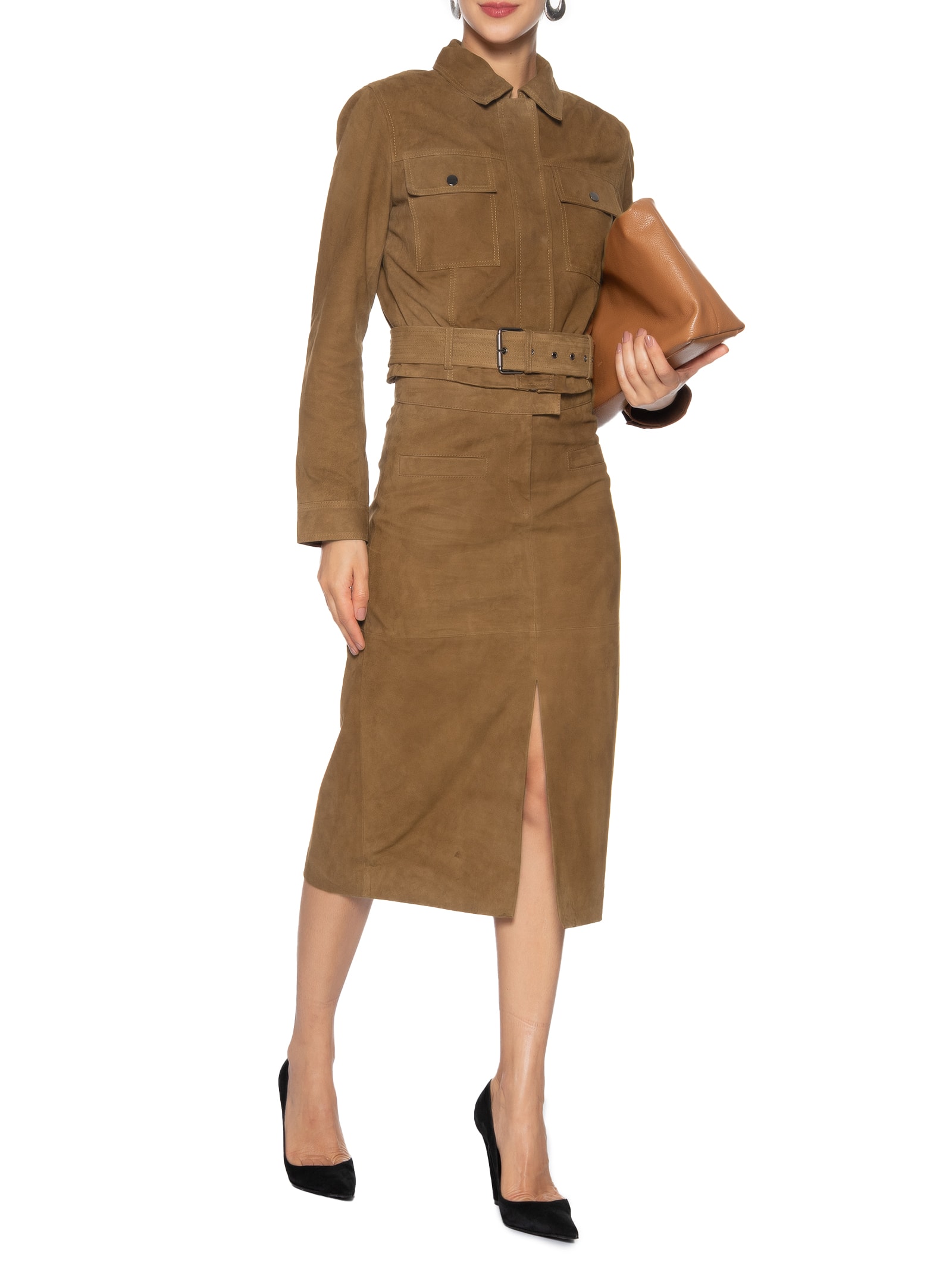 Saia Feminina Midi Com Fenda Em Suede Marrom '2Essential